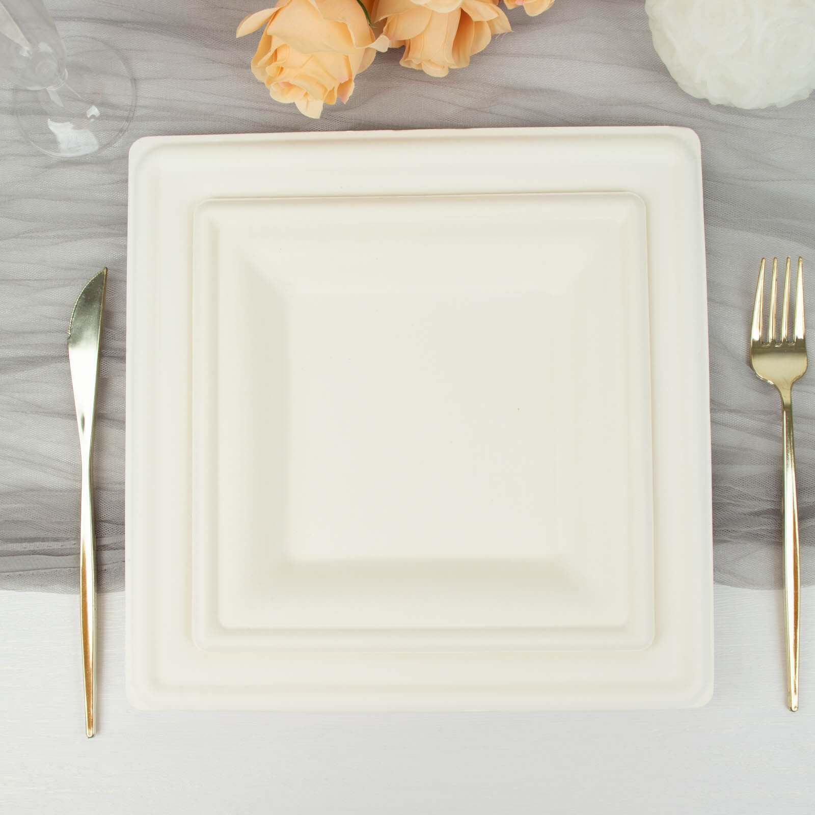 50-Pack Bagasse 8" Square Dessert Plates White with Wide Rim - Eco Friendly Sugarcane Appetizer/Salad Plates for Parties & Events