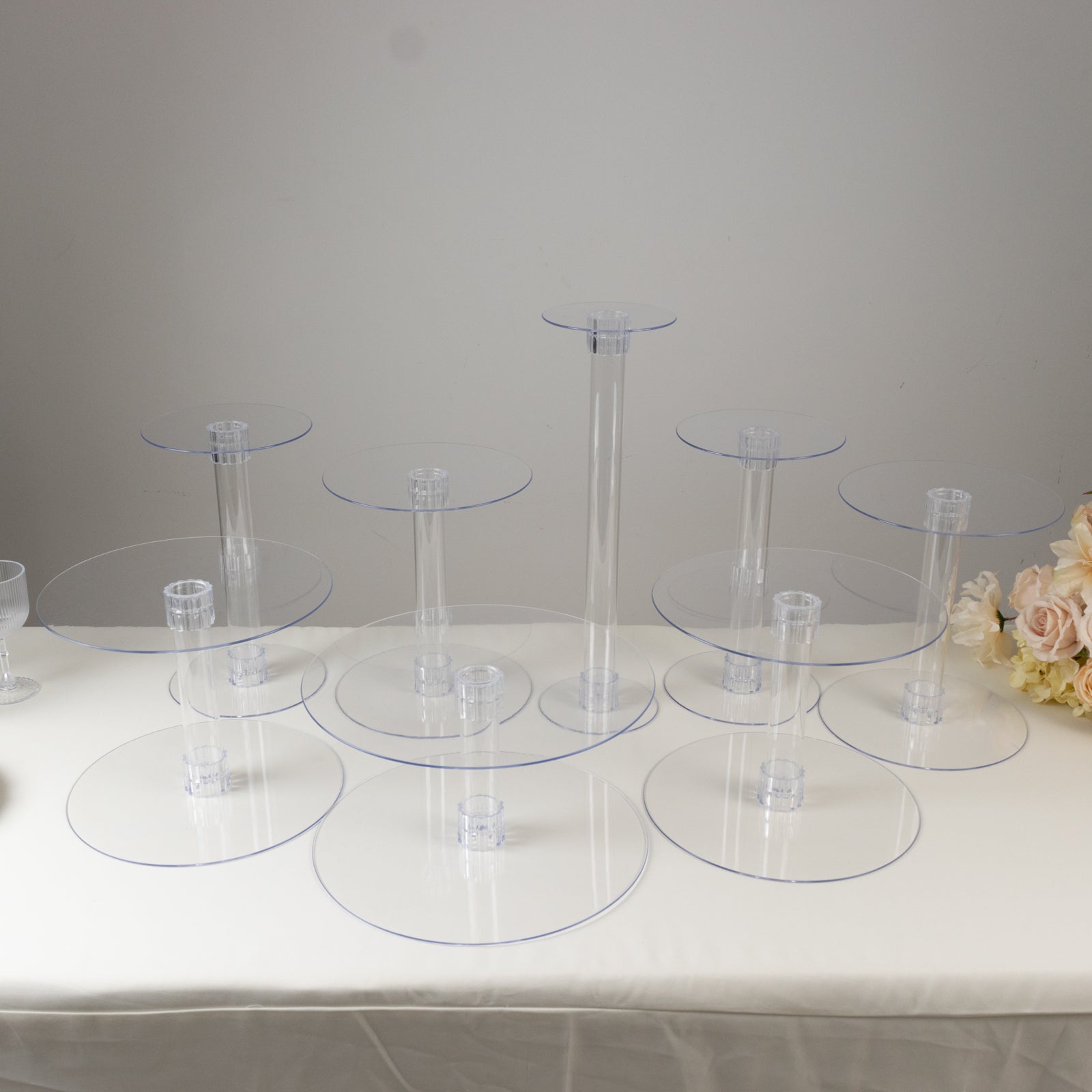 8-Tier Acrylic Cake Stand Set Clear - Sturdy & Lightweight Cupcake Holder Dessert Pedestal Centerpiece Risers in Assorted Sizes for Modern Minimalist Buffet Party Tables