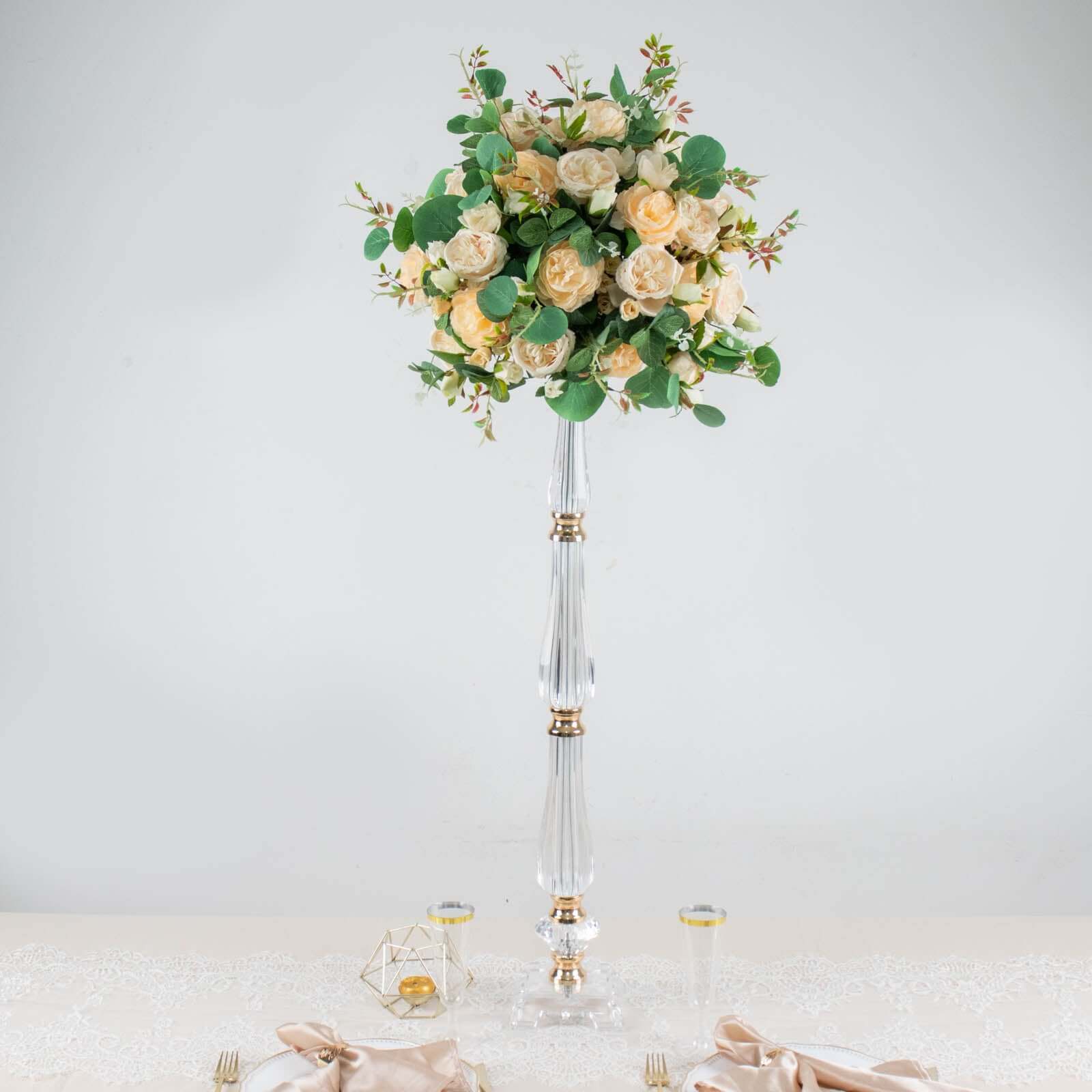Acrylic Crystal Pillar Candle Stand Gold/Clear - Table Centerpiece and Wedding Flower Bowl Pedestal 32"