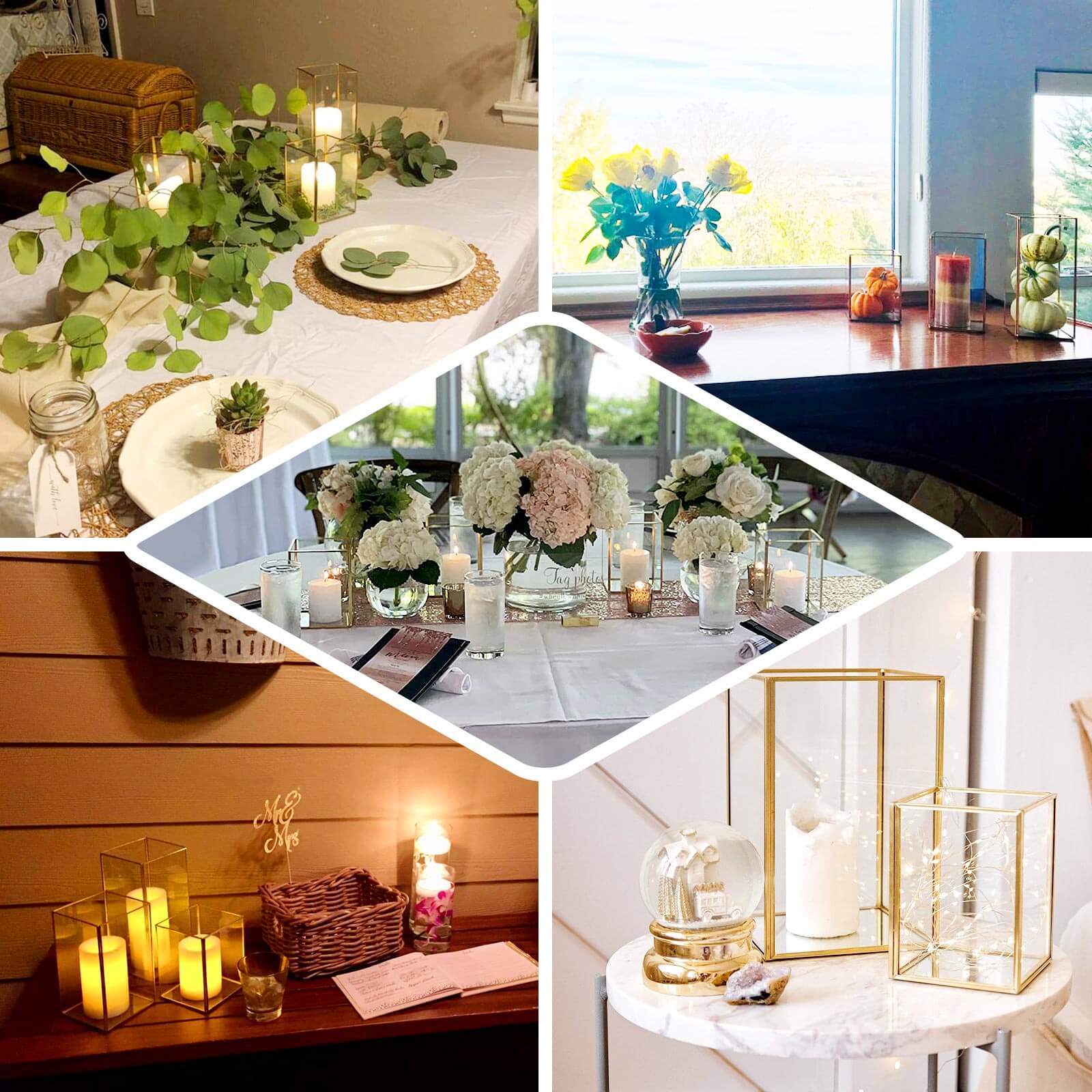 Set of 3 Candle Holders Acrylic Flower Display Boxes with Gold Rims Clear - Decorative Pillar Centerpieces 6", 8", 10"