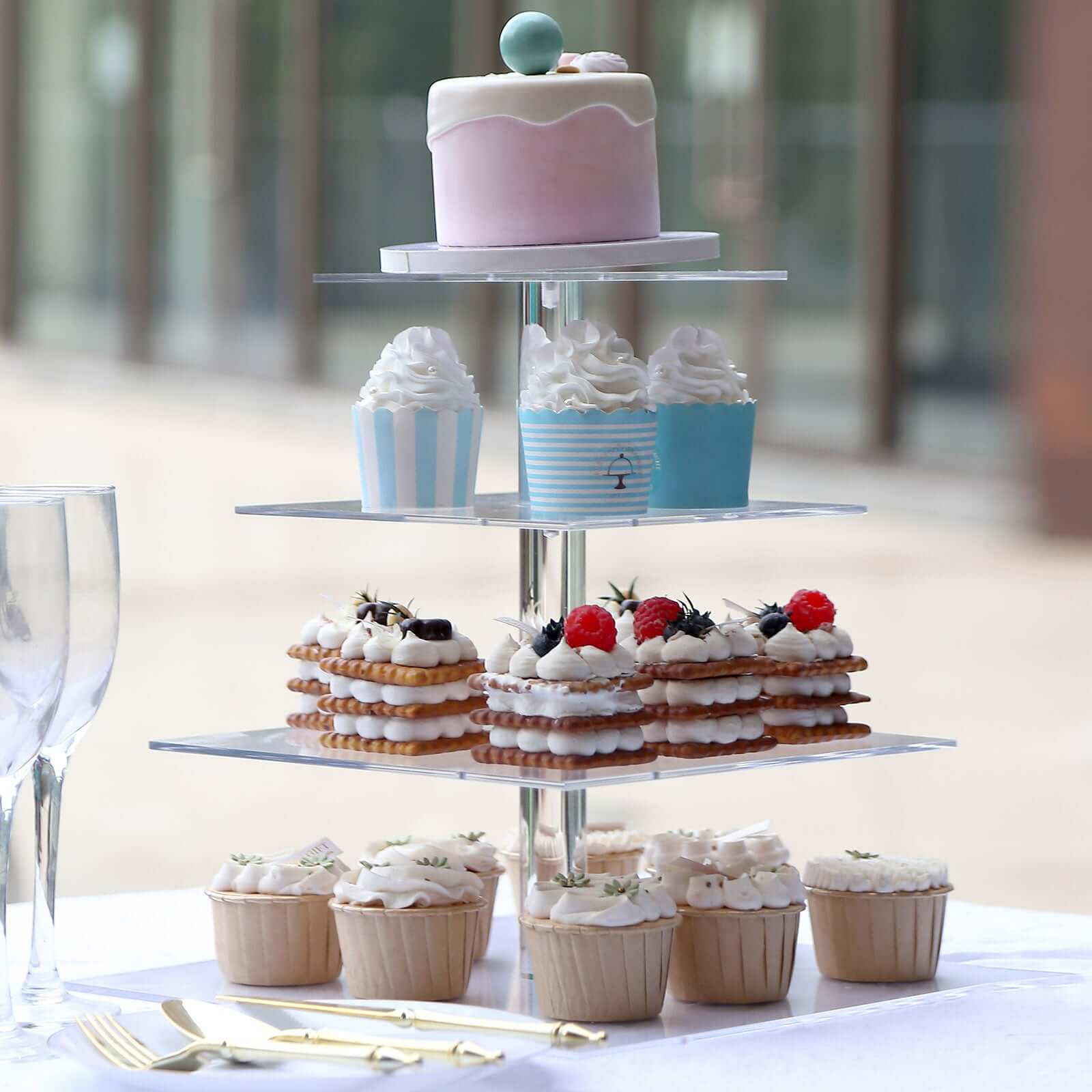 4-Tier Acrylic Square Cupcake Stand Clear - Heavy Duty Dessert Tower Display Holder for Pastries Appetizers & Snacks 12"