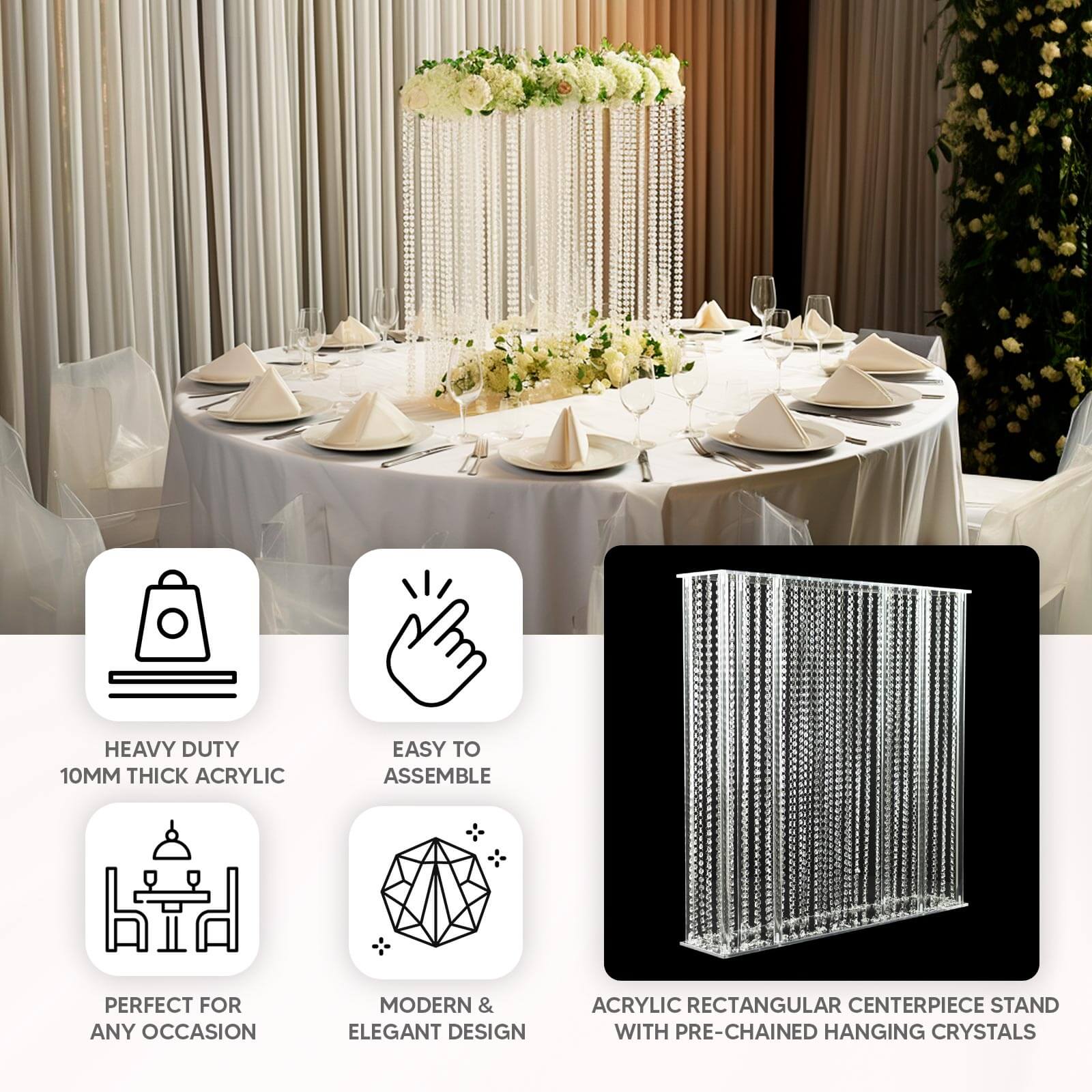 Acrylic Centerpiece Stand Rectangular Design with Pre-chained Crystal Beads Clear - Durable Flower Pedestal for Table or Floor 40"x40"