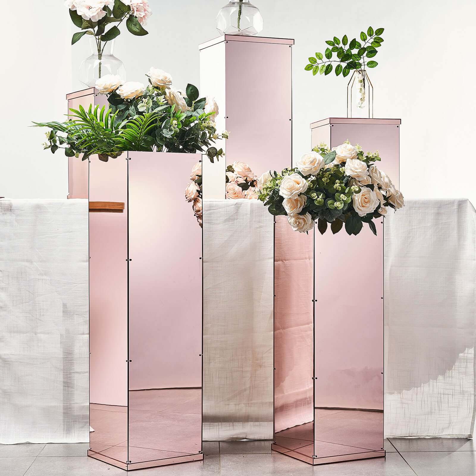 Set of 5 Rose Gold Mirror Finish Acrylic Display Boxes, Pedestal Risers with Interchangeable Lid and Base - 12",16",24",32",40"