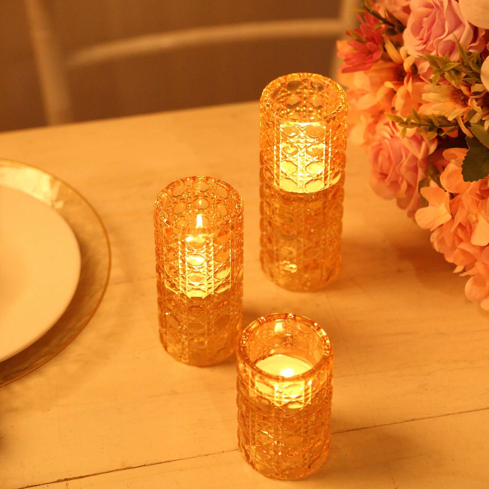 Set of 3 Glass Taper Candle Holders Amber Gold with Gemstone Pattern - Dual Sided Crystal Cylinder Tealight Stands 3", 4", 5.5"