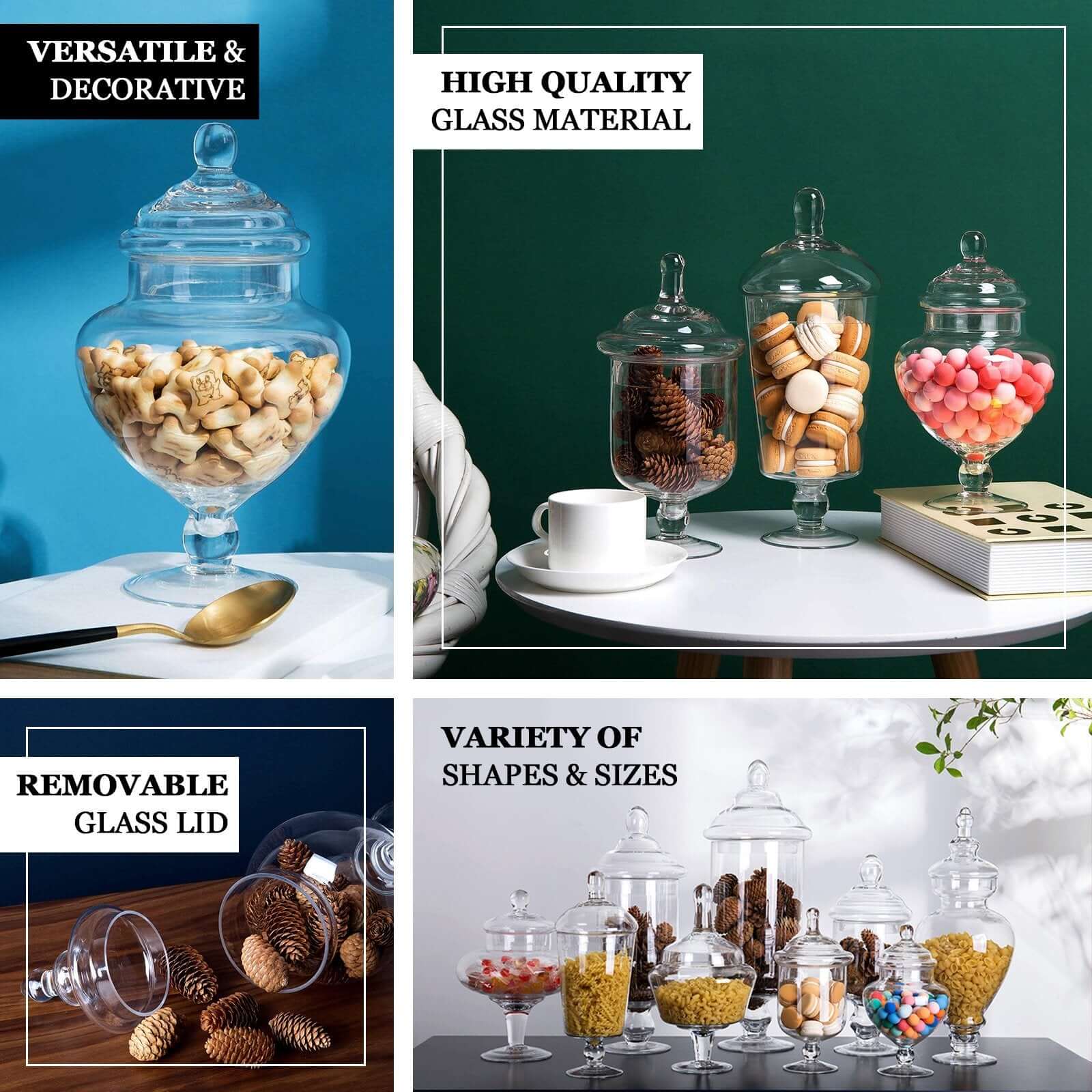 Set of 3 Glass Candy Jars Modern Apothecary Design Clear with Snap-On Lids - Stylish Party Favor Containers 9"/13"/14"