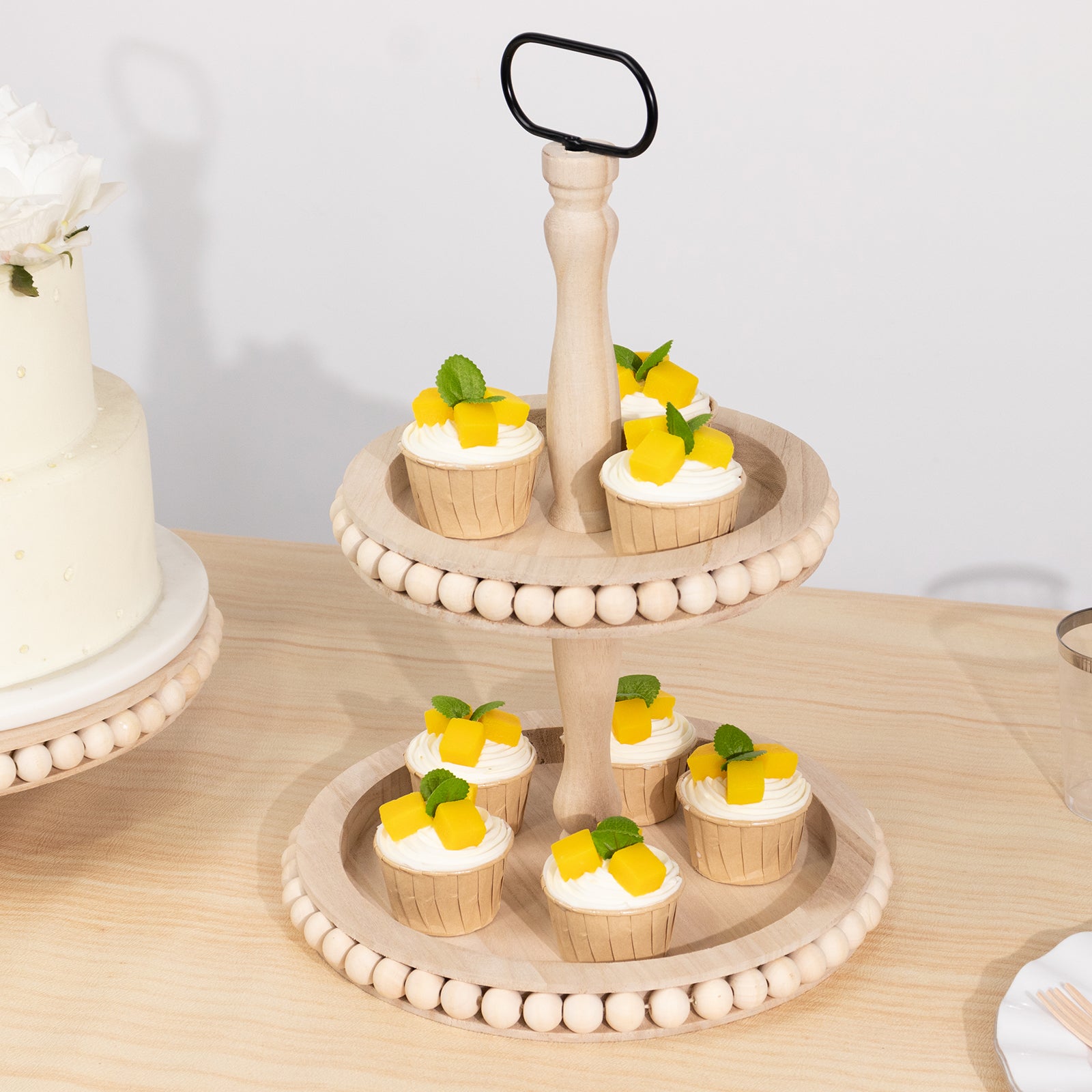 2-Tier Wooden Serving Tray Stand Beaded Design with Metal Handle Natural - Round Rustic Farmhouse Cupcake Display 17"