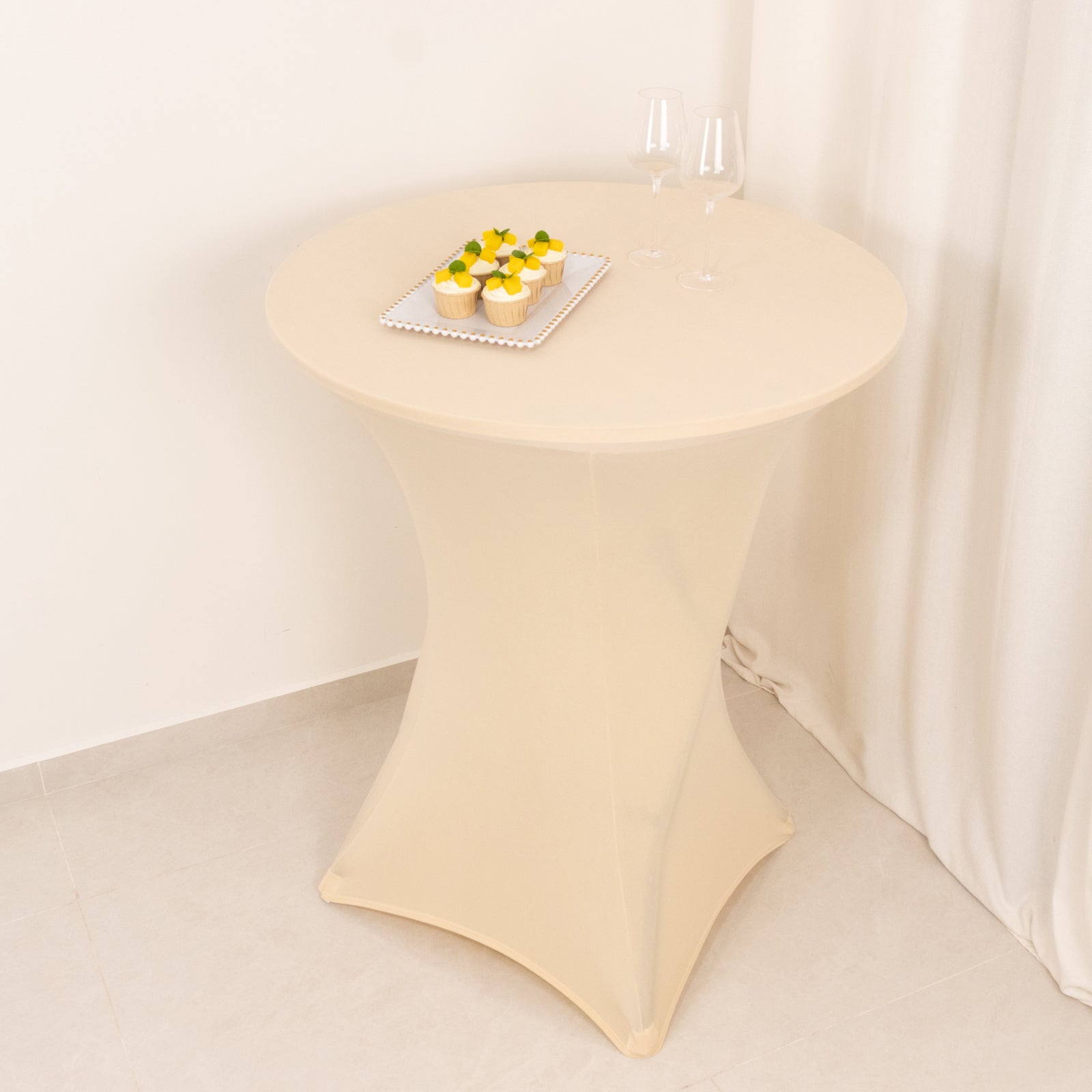Spandex 33"-36" Round Cocktail Table Cover Beige - Easy to Maintain Stretch Fitted Highboy Tablecloth