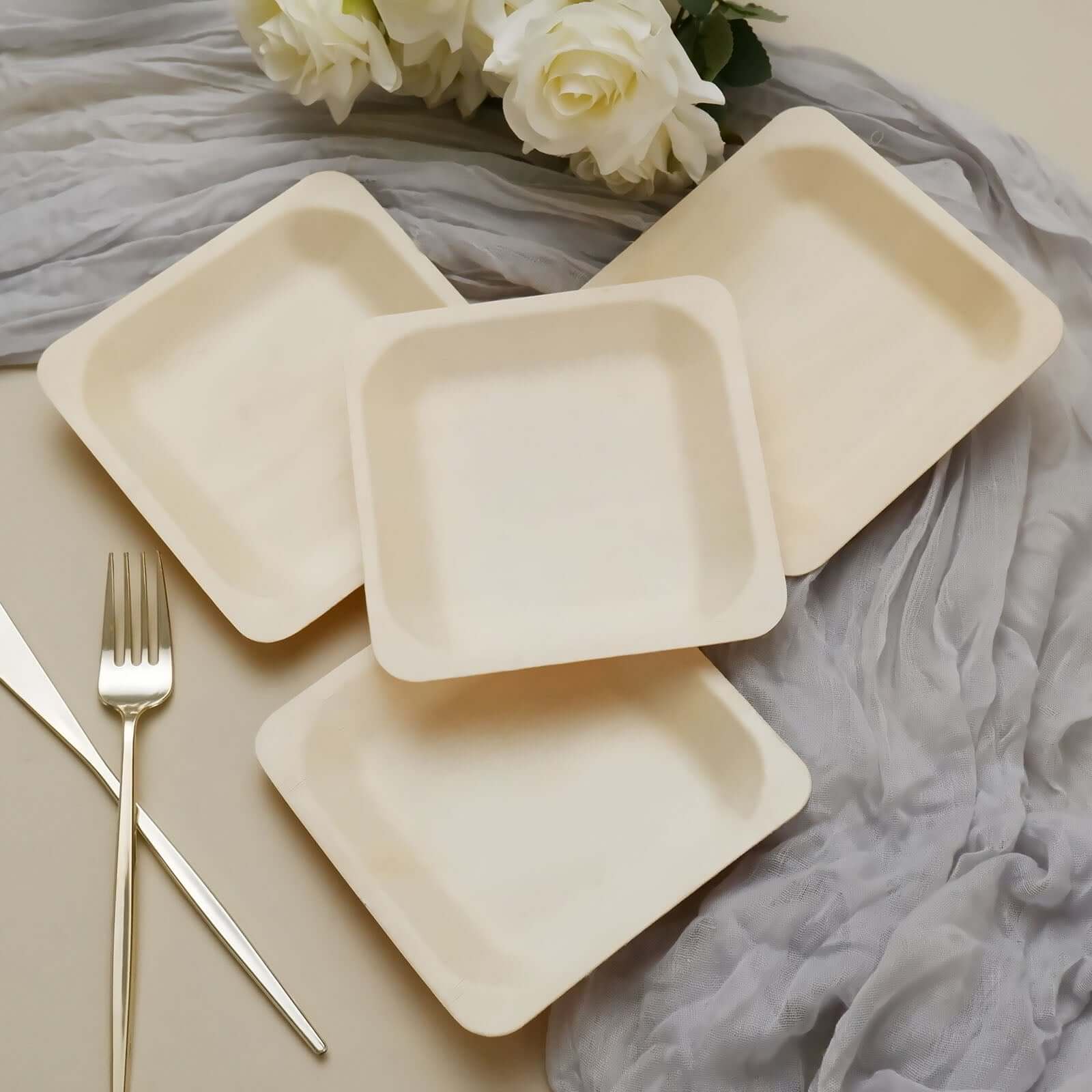25 Pack 6" Square Eco Friendly Birchwood Wooden Dessert, Appetizer Plates