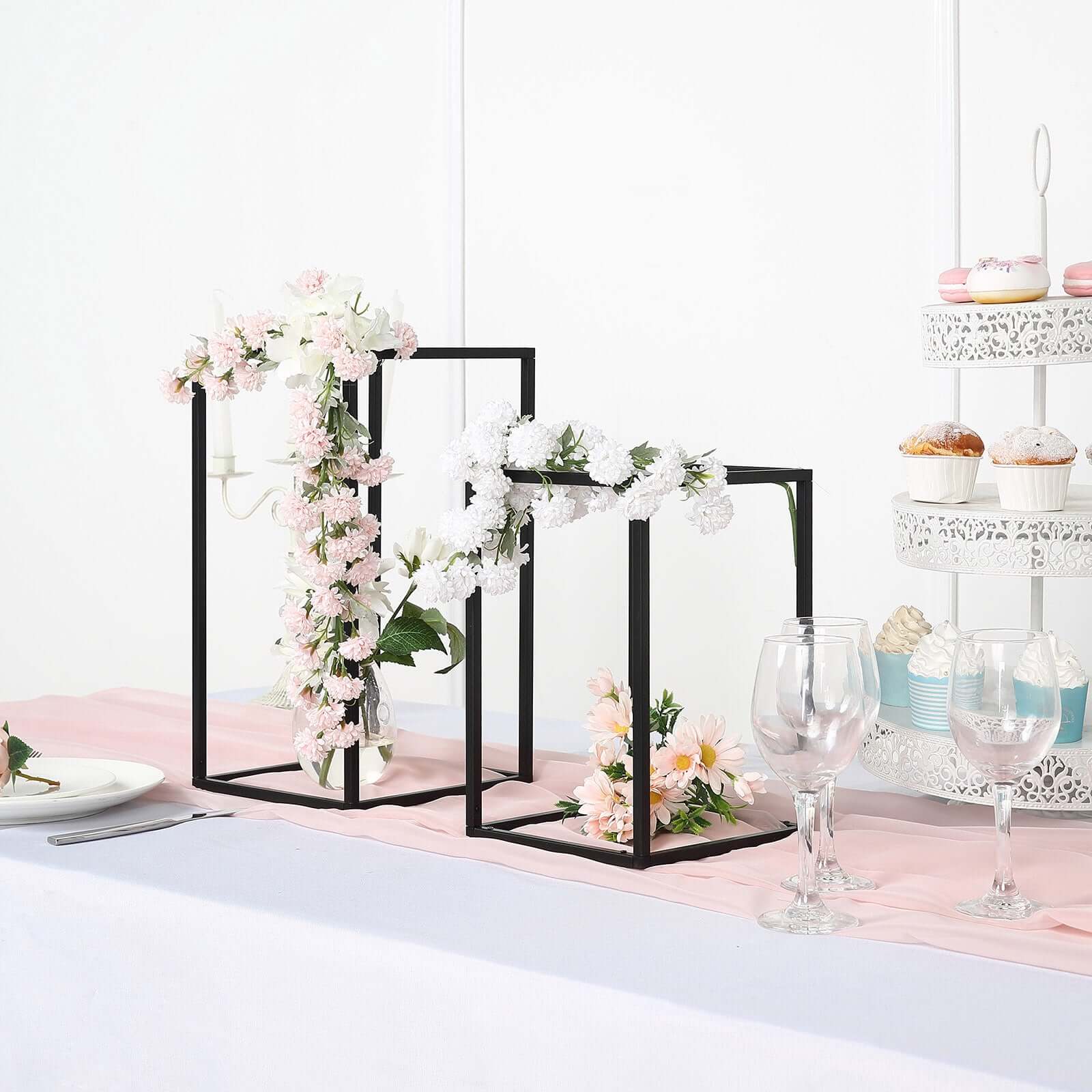 2-Pack Wedding Flower Stand Matte Black Metal Geometric Column Frame Rectangular - Versatile Floral Pedestal for Sophisticated Arrangements 12"