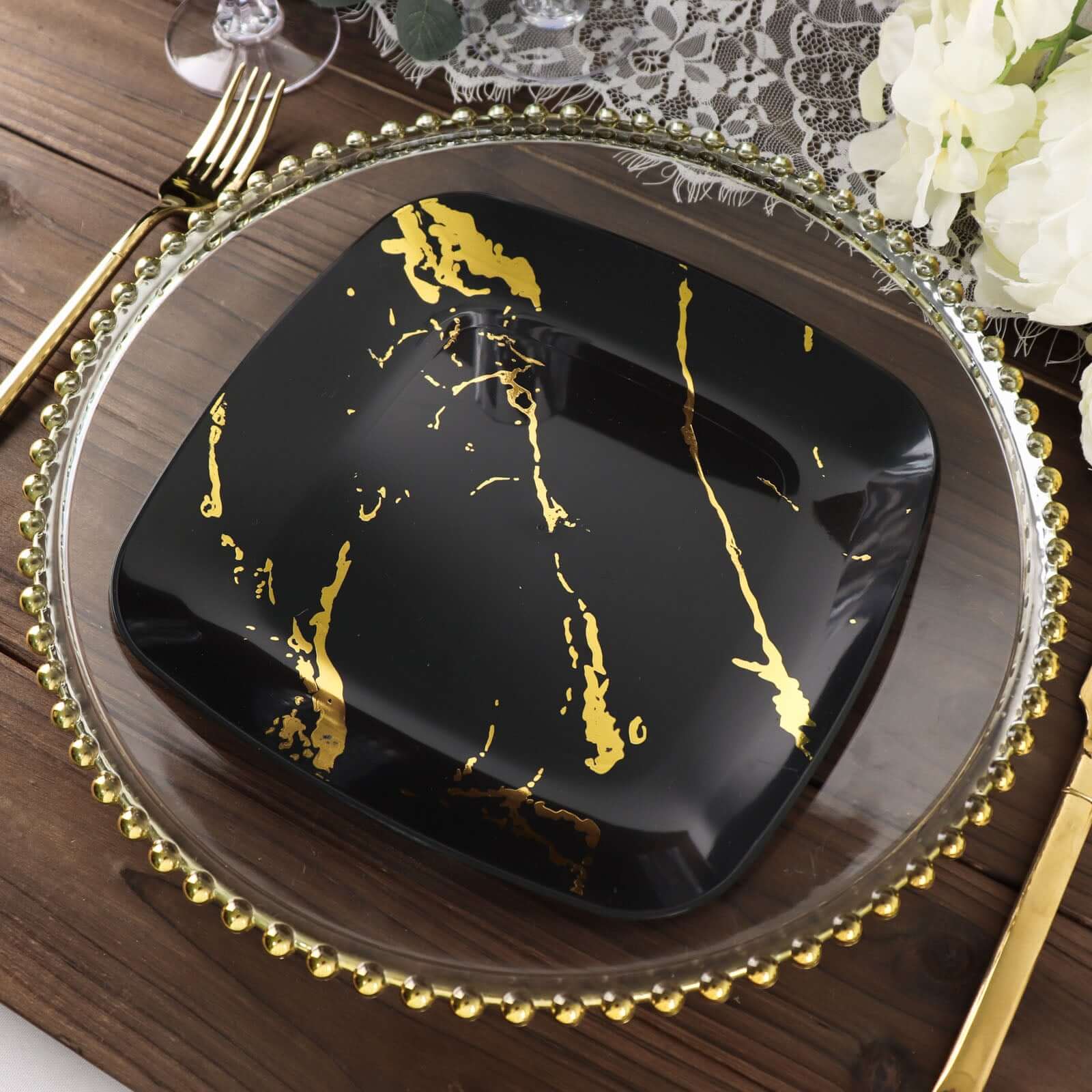 10-Pack Plastic 8" Square Dessert Plates in Black with Gold Marble Design - Disposable Appetizer Salad Party Plates