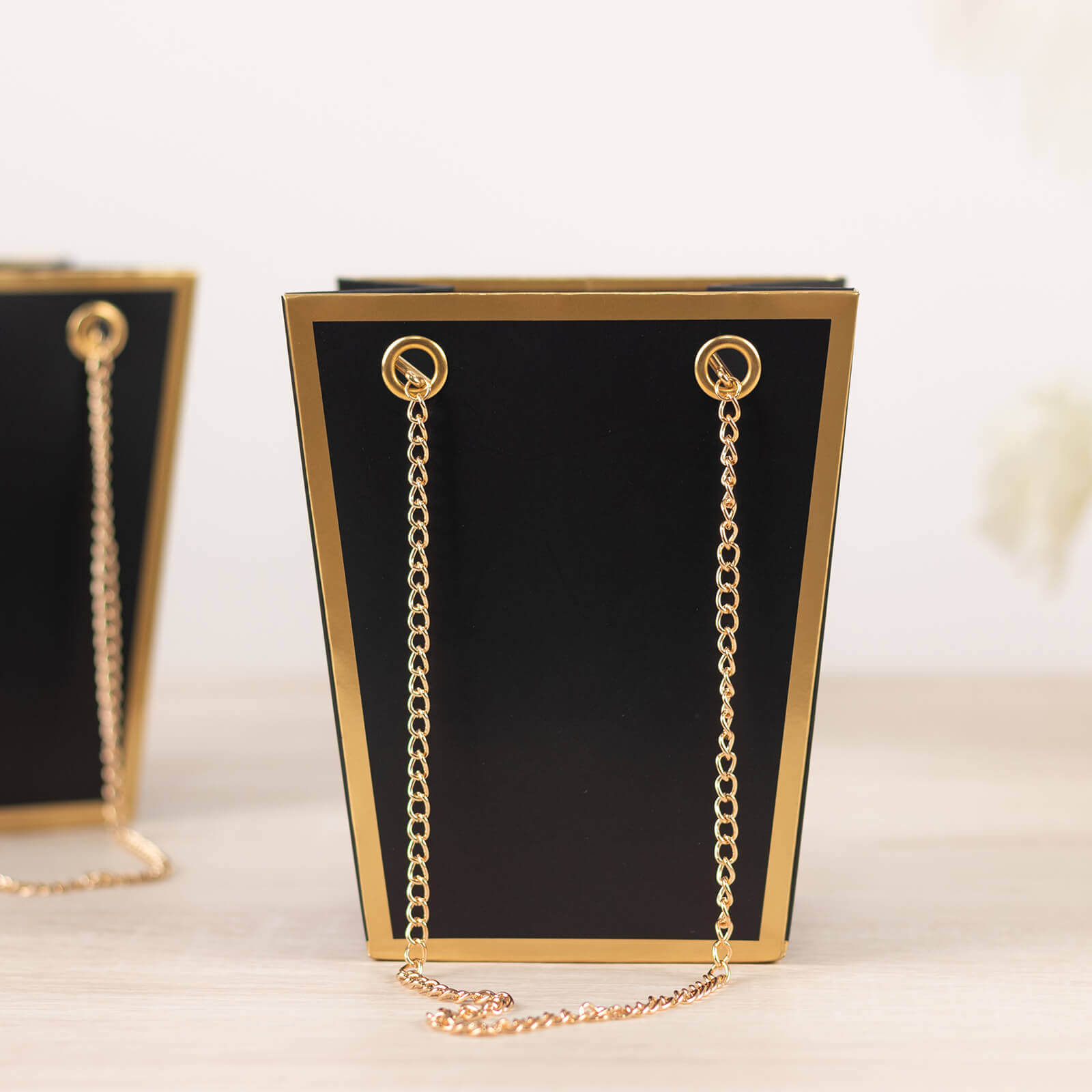 6 Pack Black Gold Edge Paper Flower Gift Bags With Metal Chain Handles, Trapezoid Party Favor Tote Bags - 5"x6"