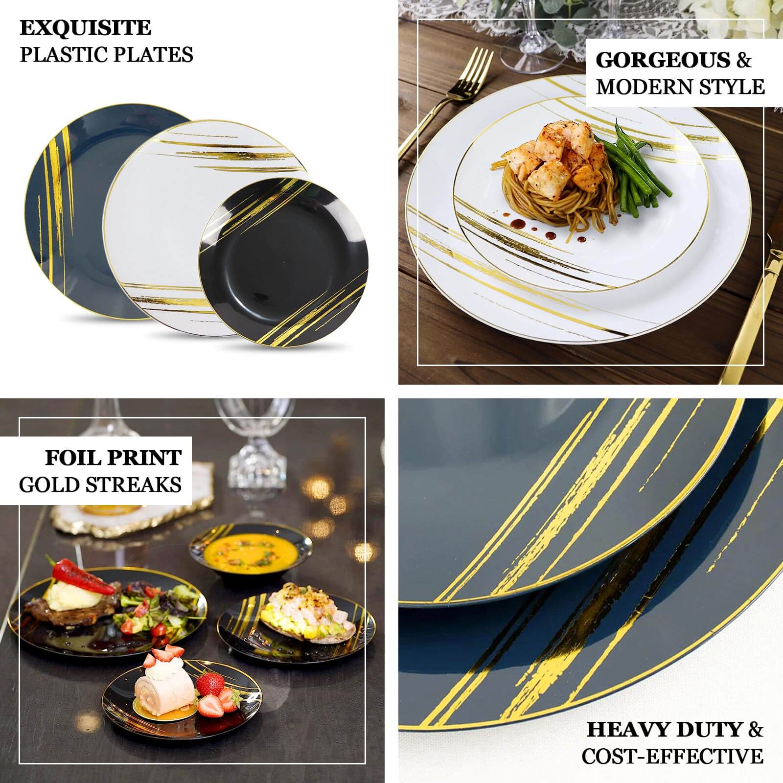 10-Pack Plastic 7" Round Dessert Plates in Black with Gold Brush Stroked Print - Disposable Appetizer Salad Plates for Modern Themed Events & Banquets