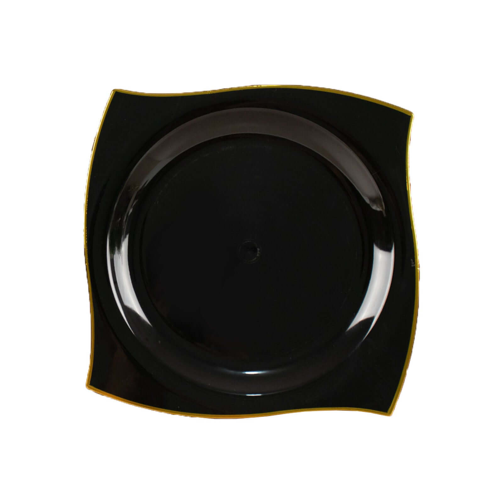 10-Pack Plastic 8" Square Dessert Plates in Black with Gold Wavy Rim Modern - Disposable Salad Appetizer Party Plates