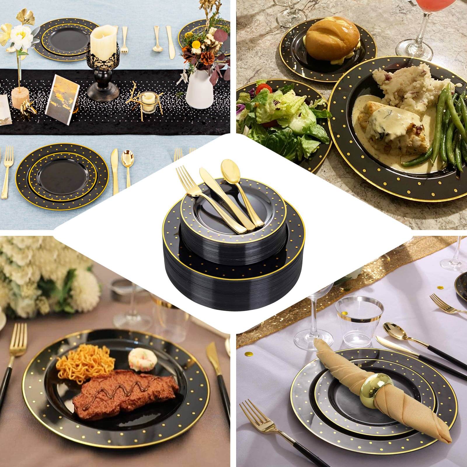 10 Pack 7.5" Black With Gold Dot Rim Plastic Dessert Plates, Round Salad Disposable Tableware Plates