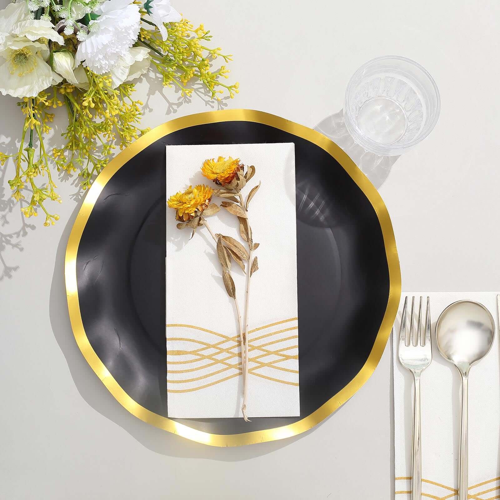 25-Pack Paper Round Dinner Plates 10" Matte Black with Gold Wavy Rim - Disposable 350GSM Party Plates