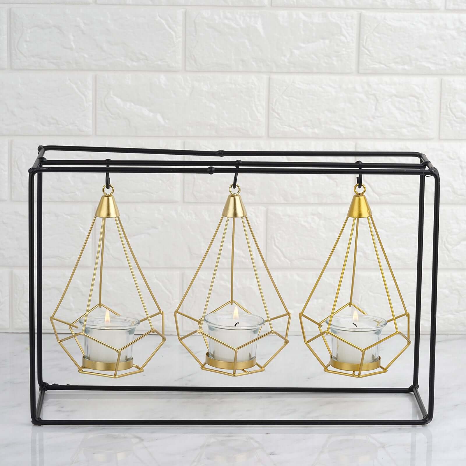3-Pack Hanging Candle Holders Gold Geometric Design 8" with Black Iron Stand - Trendy Tealight Centerpieces for Tables 10" Tall