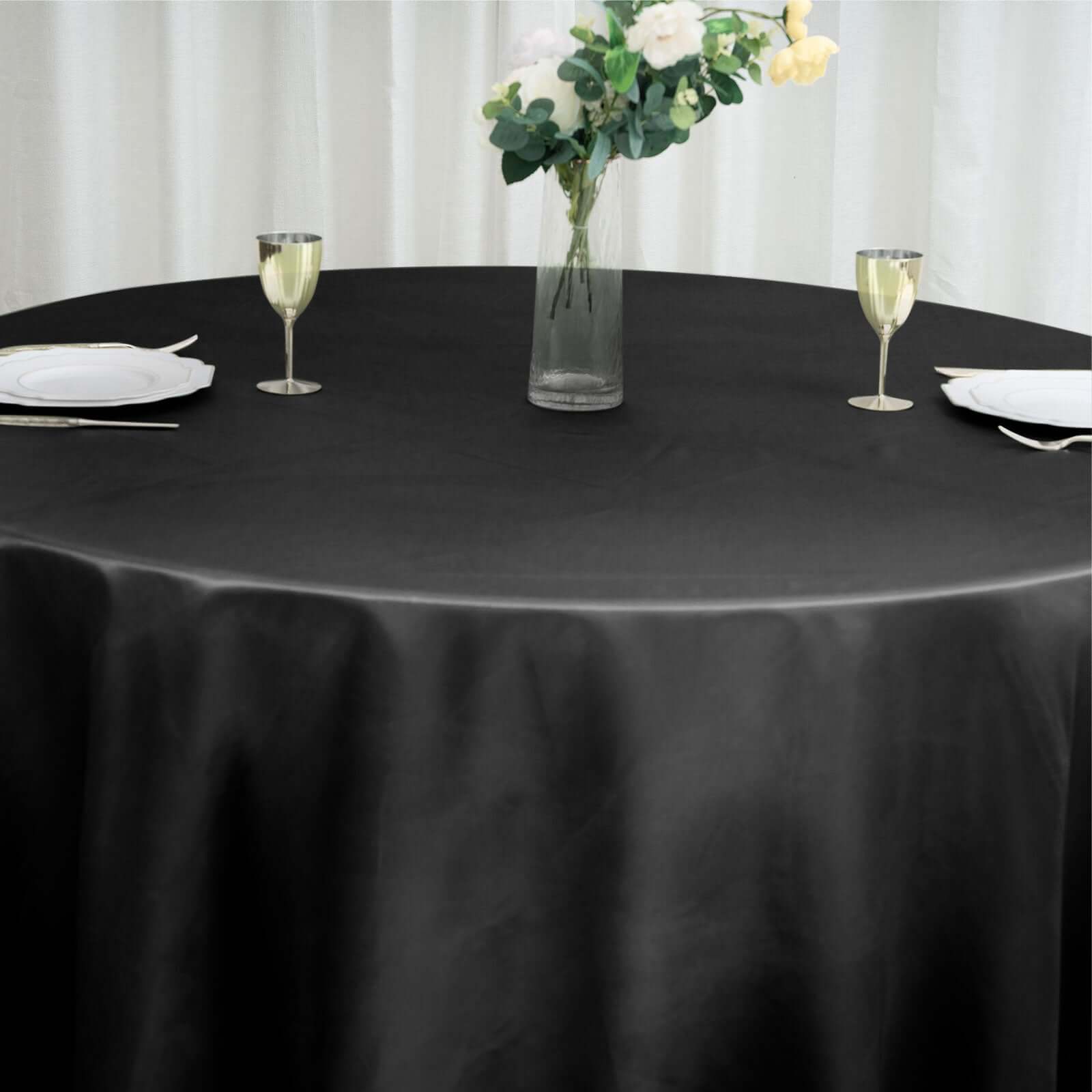 Satin 120" Round Tablecloth Black - Stylish Seamless Table Cover for Weddings & Events