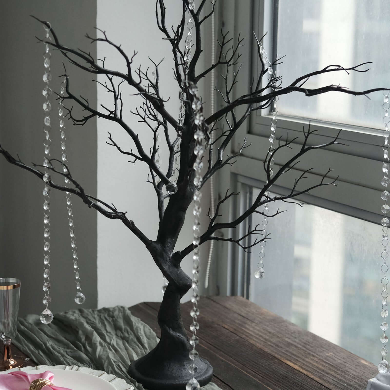 Manzanita Tree Centerpiece Black with 8 Acrylic Bead Chains - Easy Assembly Decorative Artificial Tree for Modern Weddings Parties & Event Displays 34"