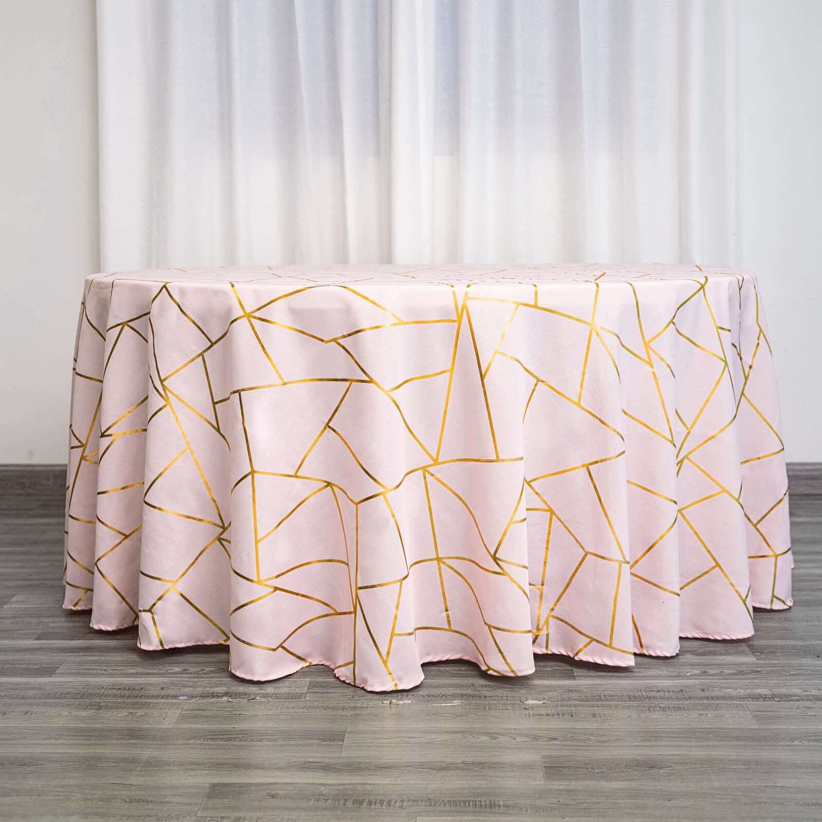 Polyester 120" Round Tablecloth Blush with Gold Foil Geometric Pattern Wrinkle-Resistant Seamless Table Cover