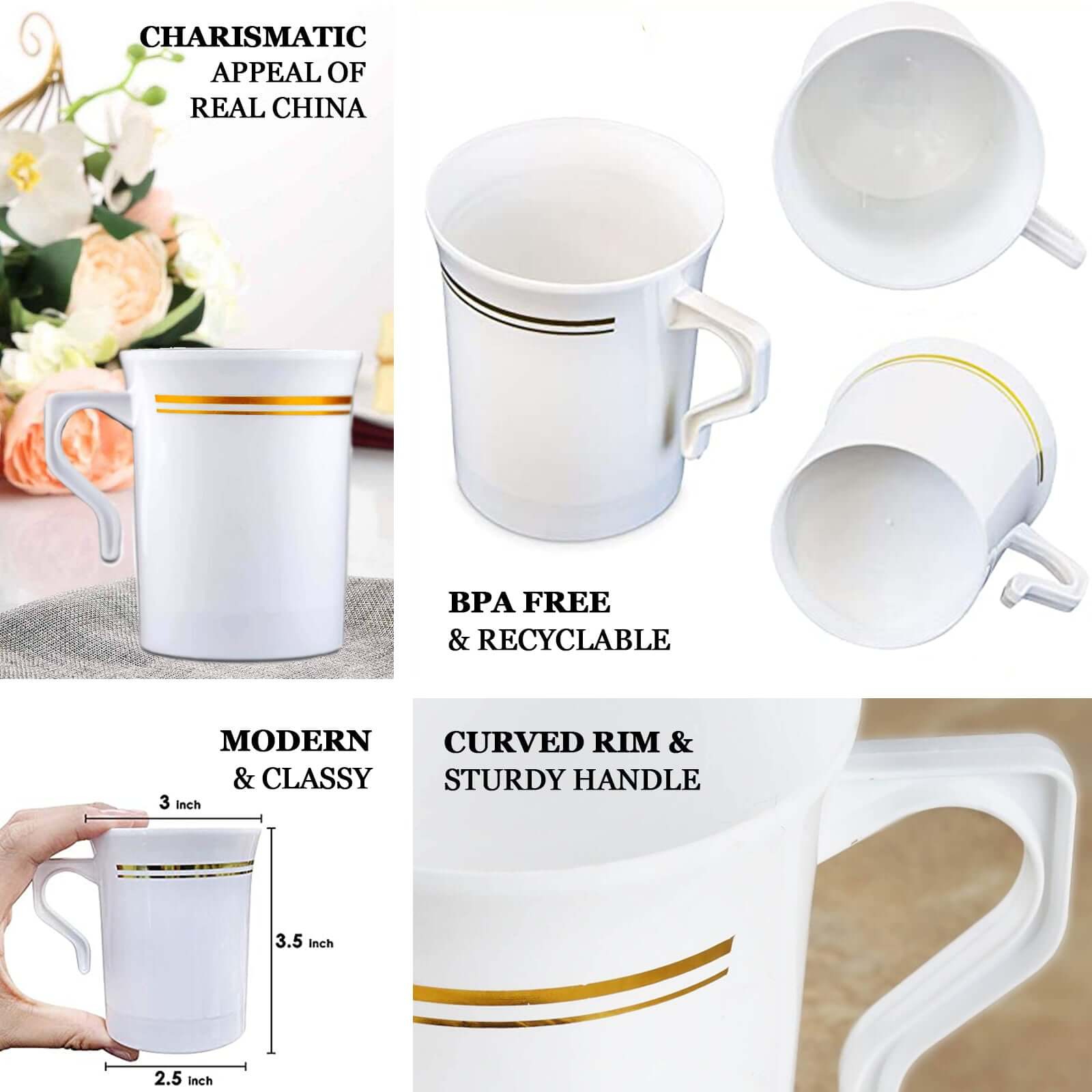 8-Pack Plastic Coffee Mugs Clear with Gold Stripes - Sturdy Disposable Cups for Coffee and Tea 8oz 3.5"