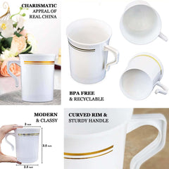8-Pack Plastic Coffee Mugs Clear with Gold Stripes - Sturdy Disposable Cups for Coffee and Tea 8oz 3.5"