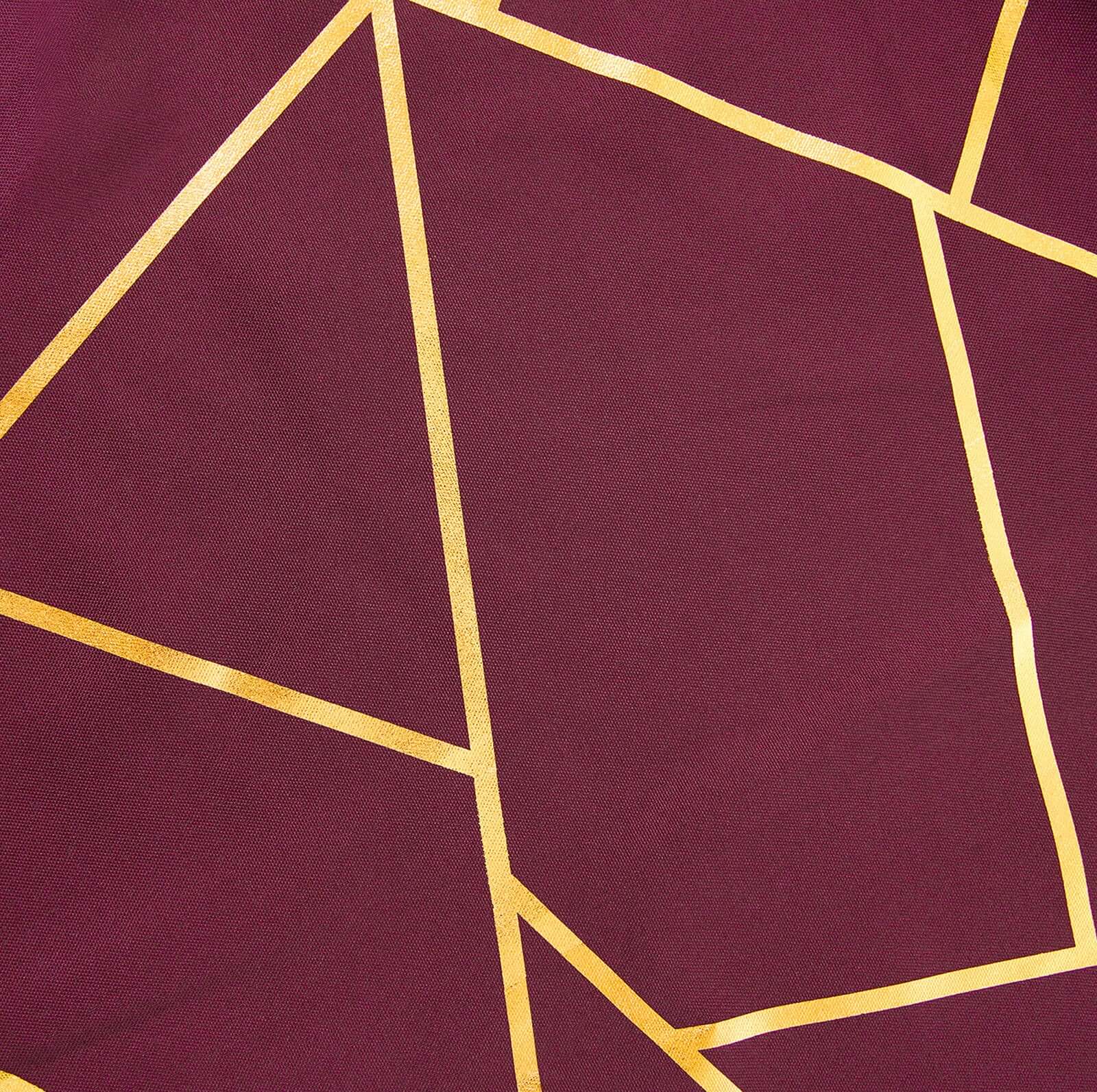 120" Burgundy Seamless Round Polyester Tablecloth With Gold Foil Geometric Pattern for 5 Foot Table With Floor-Length Drop