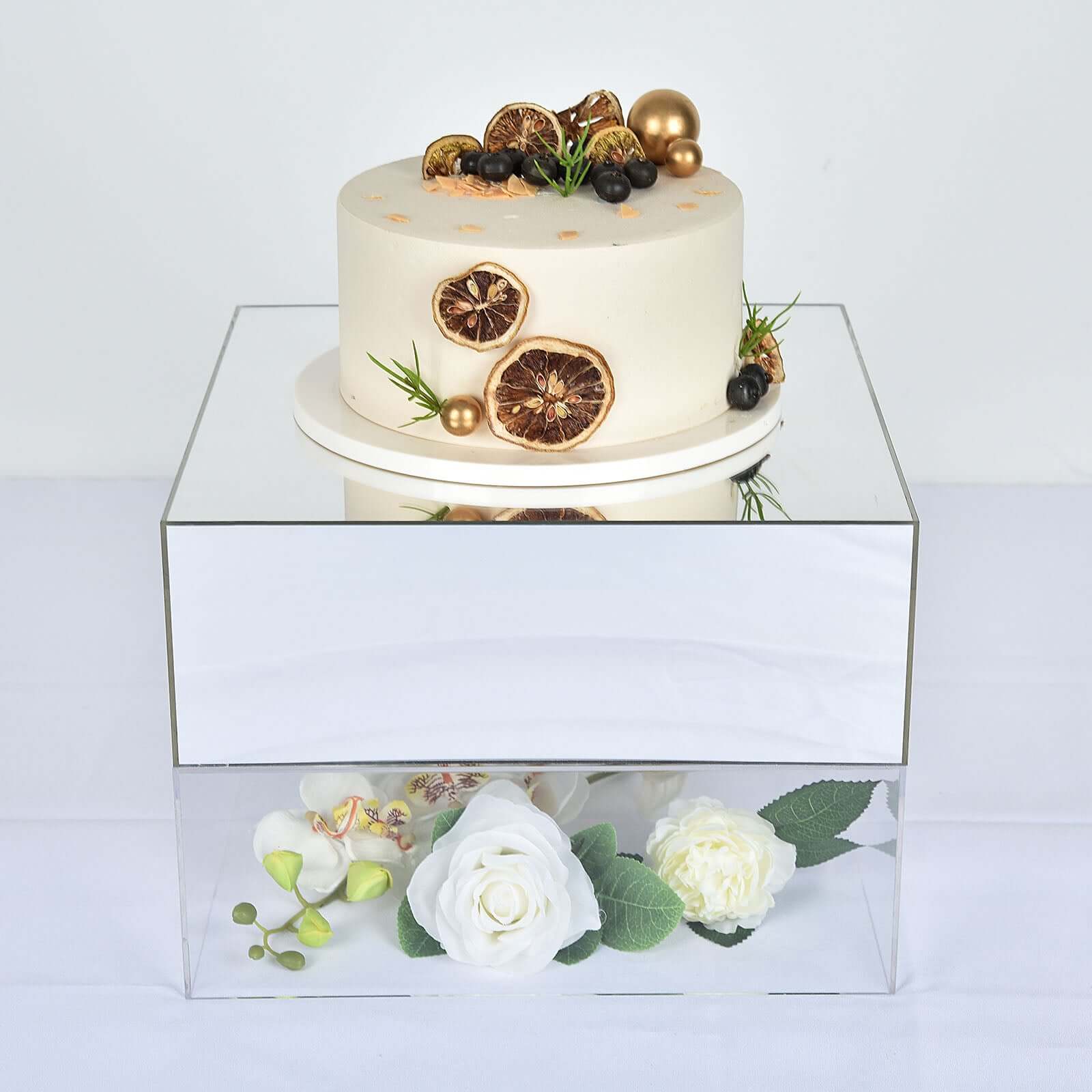 Acrylic Cake Box Stand Pedestal Riser Mirror Finish Silver - Display for Desserts and Events 14"x14"