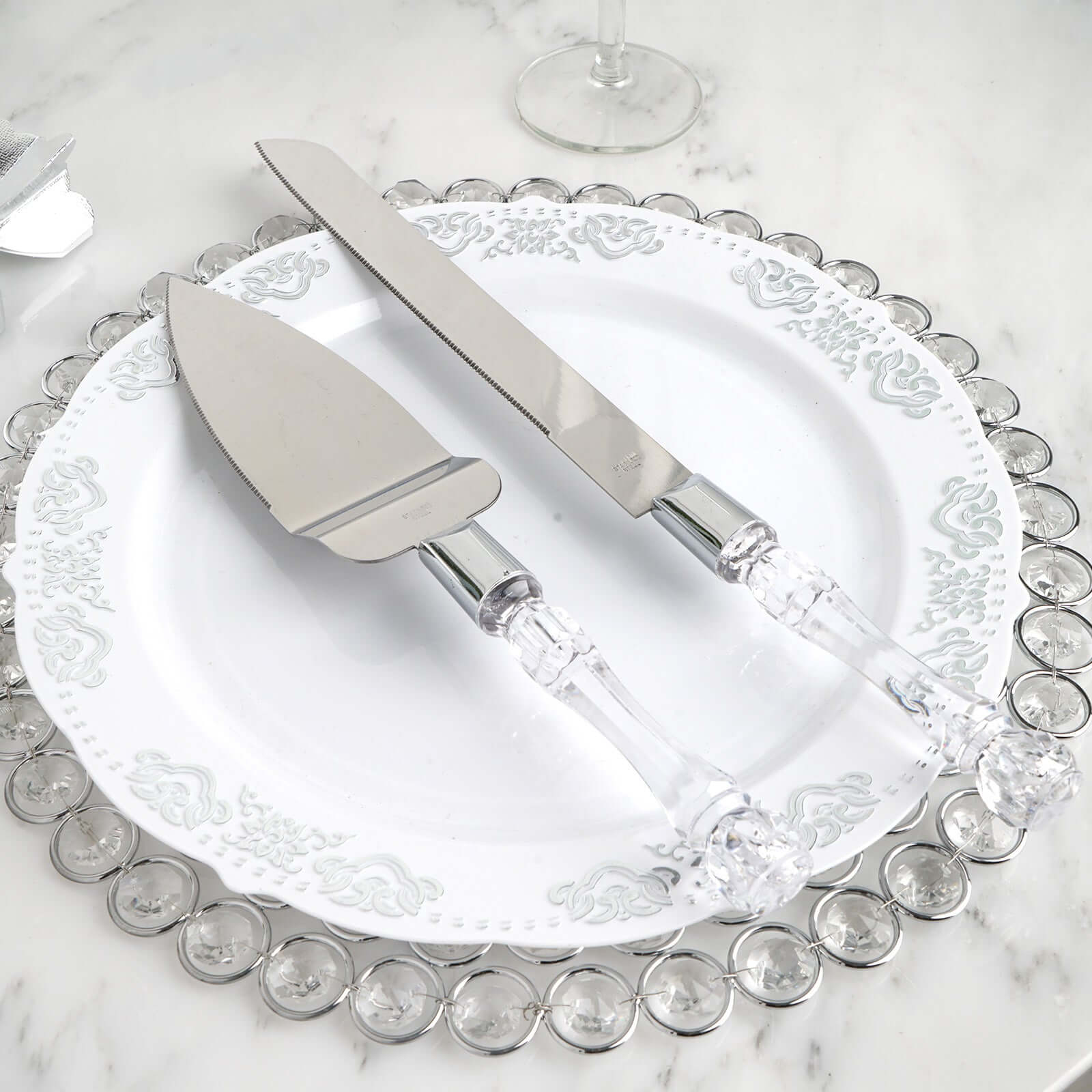 2 Set Knife and Server Stainless Steel with Clear Acrylic Handle - Party Favors with Gift Box 10" & 12"