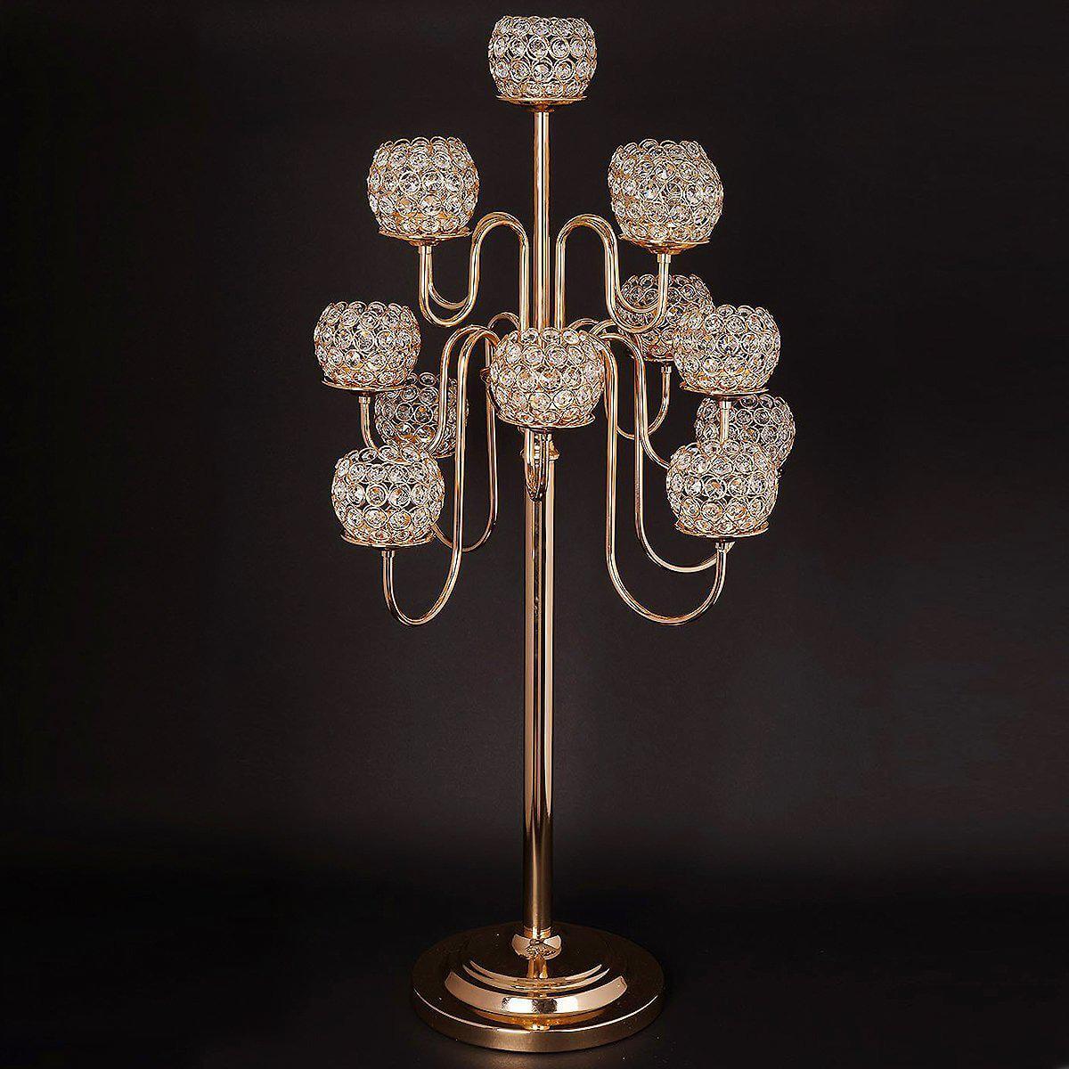 Metal Crystal Beaded Candelabra Gold 13 Arm Design - Table Centerpiece for Events 40"