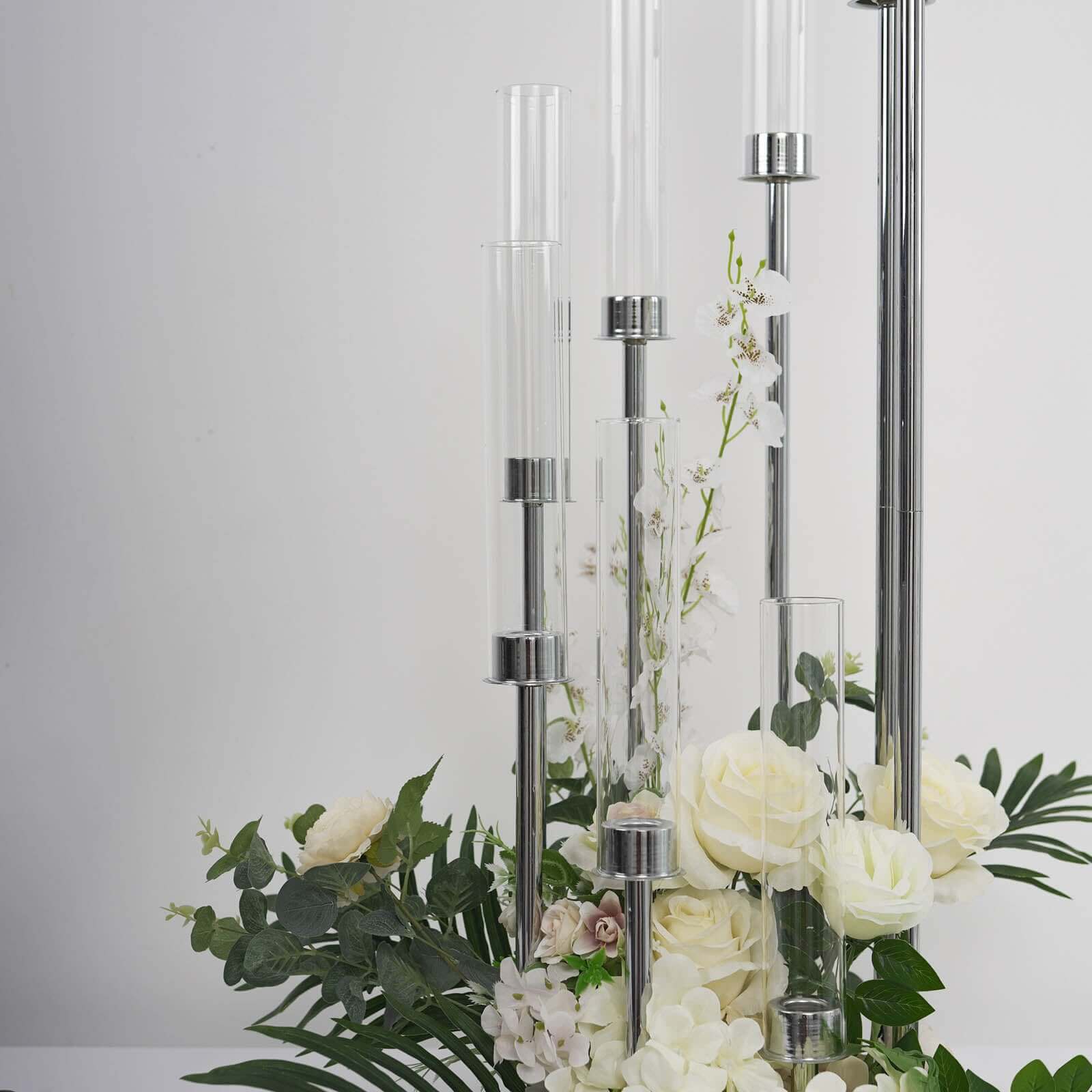 8 Arm Cluster Taper Candle Holder Silver - Stunning Large Candle Arragement With Clear Glass Shades for Grand Banquets & Celebrations 42"