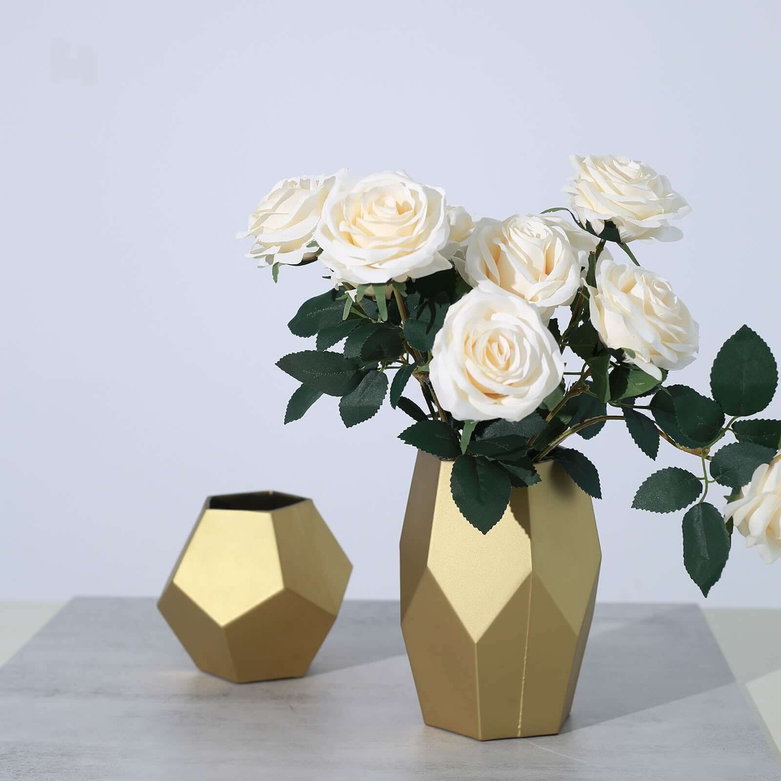 Set of 2 Glass Flower Vases Geometric Design Matte Gold - Stylish Modern Candle Holder Centerpieces 5", 8"