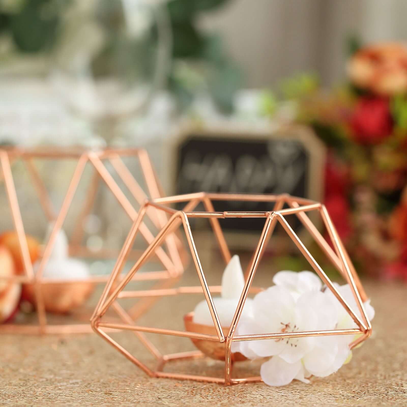 Set of 2 Candle Holders Metal Hexagon Geometric Design Rose Gold - Modern Decorative Centerpieces for Tables 4"x3"