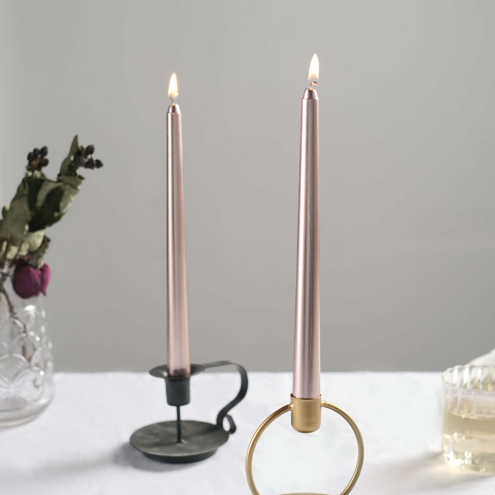 12-Pack Taper Candles Premium Wax Design Metallic Rose Gold - Unscented Candles for Upscale Settings 10"