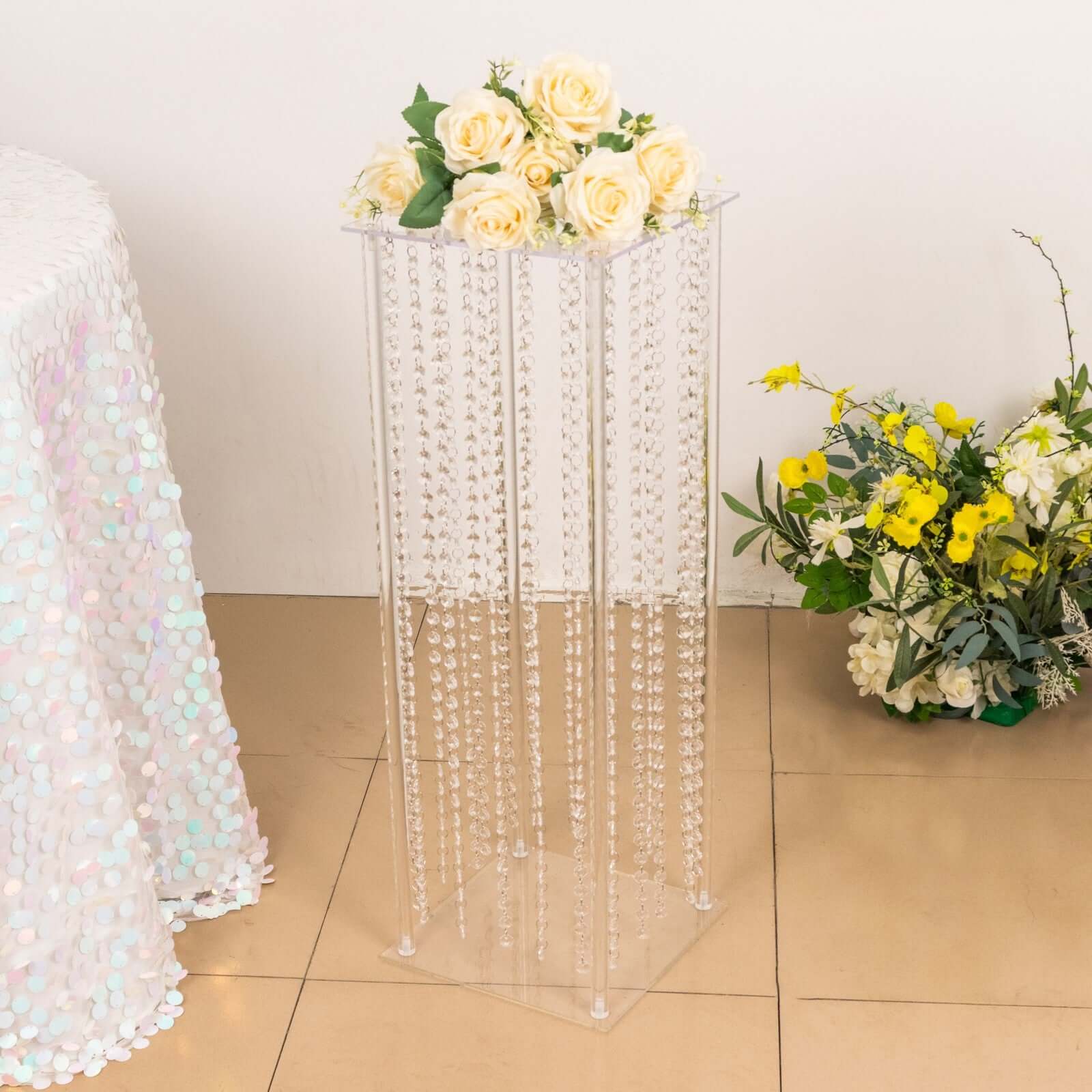 Acrylic Flower Pedestal Vase Pillar Stand with Crystal Beads Clear - Decorative Wedding Floor Centerpiece 32"