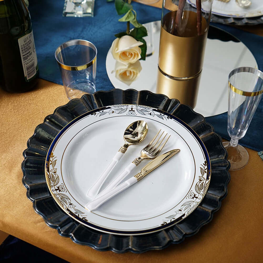 6-Pack Acrylic Plastic Round Charger Plates 13" in Navy Blue with Gold Brushed Wavy Scalloped Rim, Decorative Dinner Party Charger Tableware