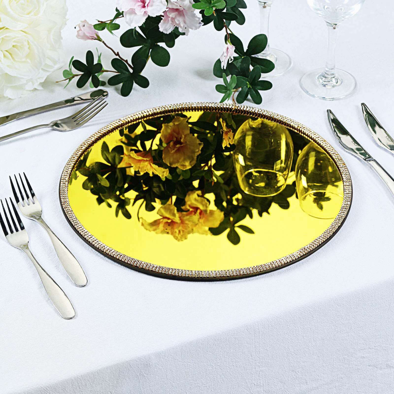 2-Pack Mirror Glass Round Charger Plates 13" with Metallic Gold Mirror Rhinestone Rim, Dazzling Decorative Chargers
