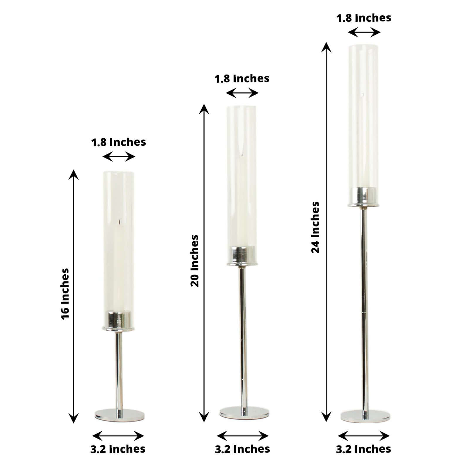 Set of 3 Tall Silver Metal Taper Candlestick Holders, Clear Glass Hurricane Candle Stands With Chimney Candle Shades 16", 20", 24"