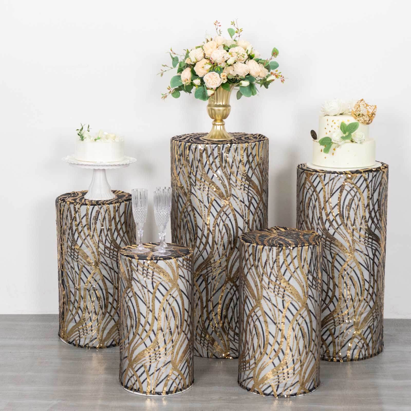 Set of 5 Black Wave Mesh Cylinder Pedestal Stand Covers with Embroidered Sequins, Pillar Prop Covers - 160 GSM