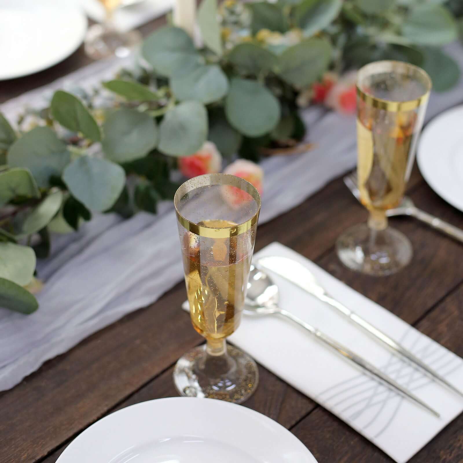 12-Pack Plastic Champagne Flutes Clear Gold Glittered with Gold Rim - Stylish Disposable Cocktail Glasses for Parties 5oz 6"