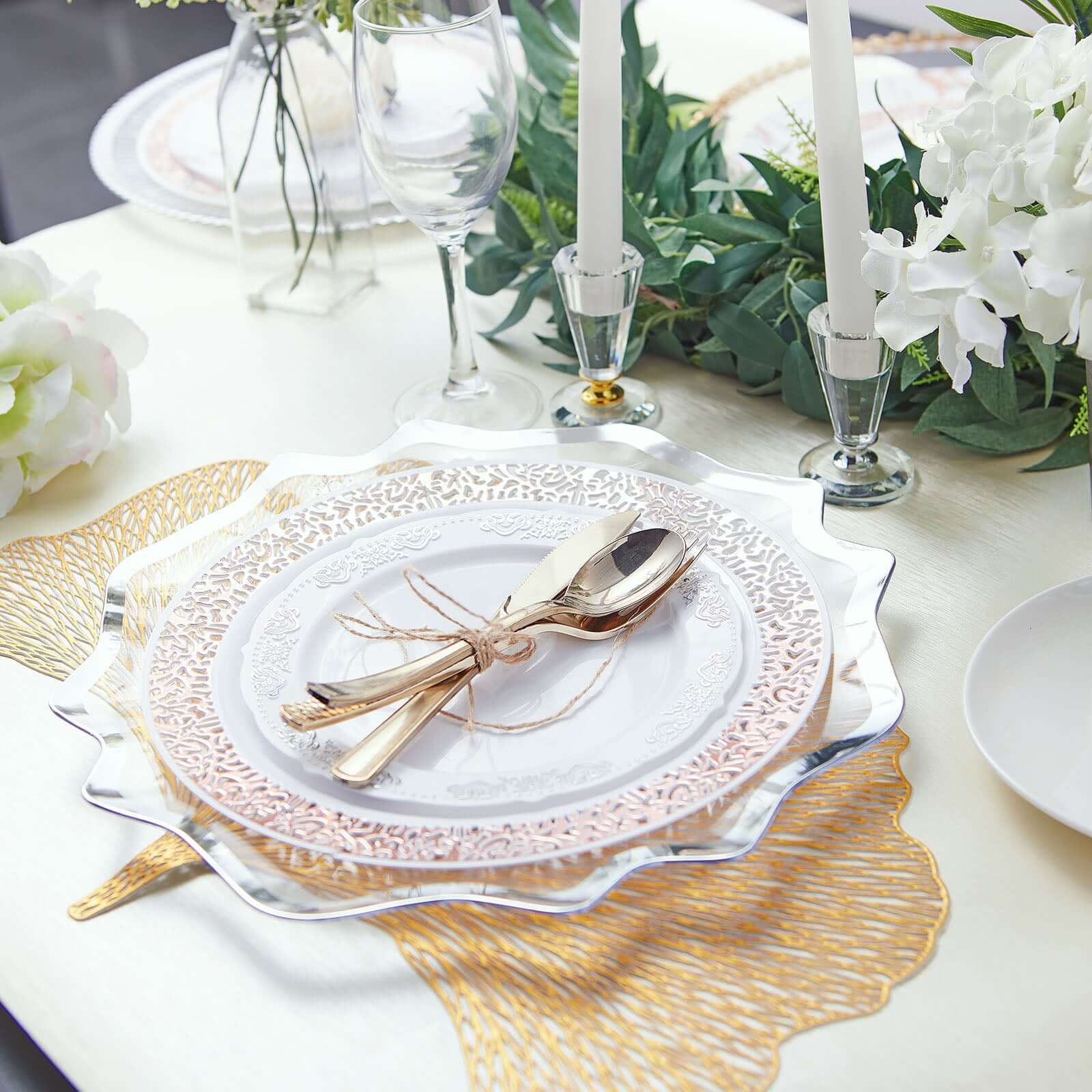 6-Pack Acrylic Plastic Round Charger Plates 13" in Clear with Silver Scalloped Edge, Exquisite Dinner Serving Plates