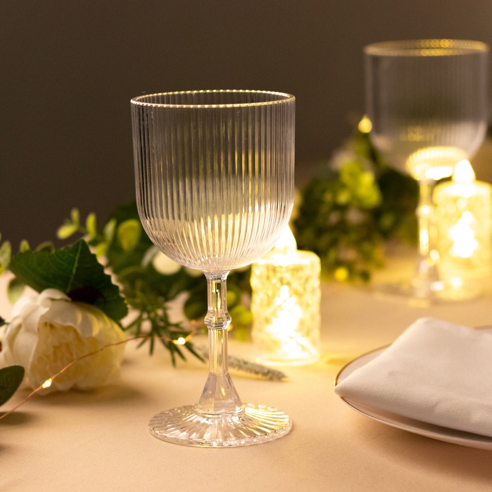 12-Pack Plastic Goblets Clear Vintage Ribbed Pattern - Reusable Shatterproof Glassware 9oz