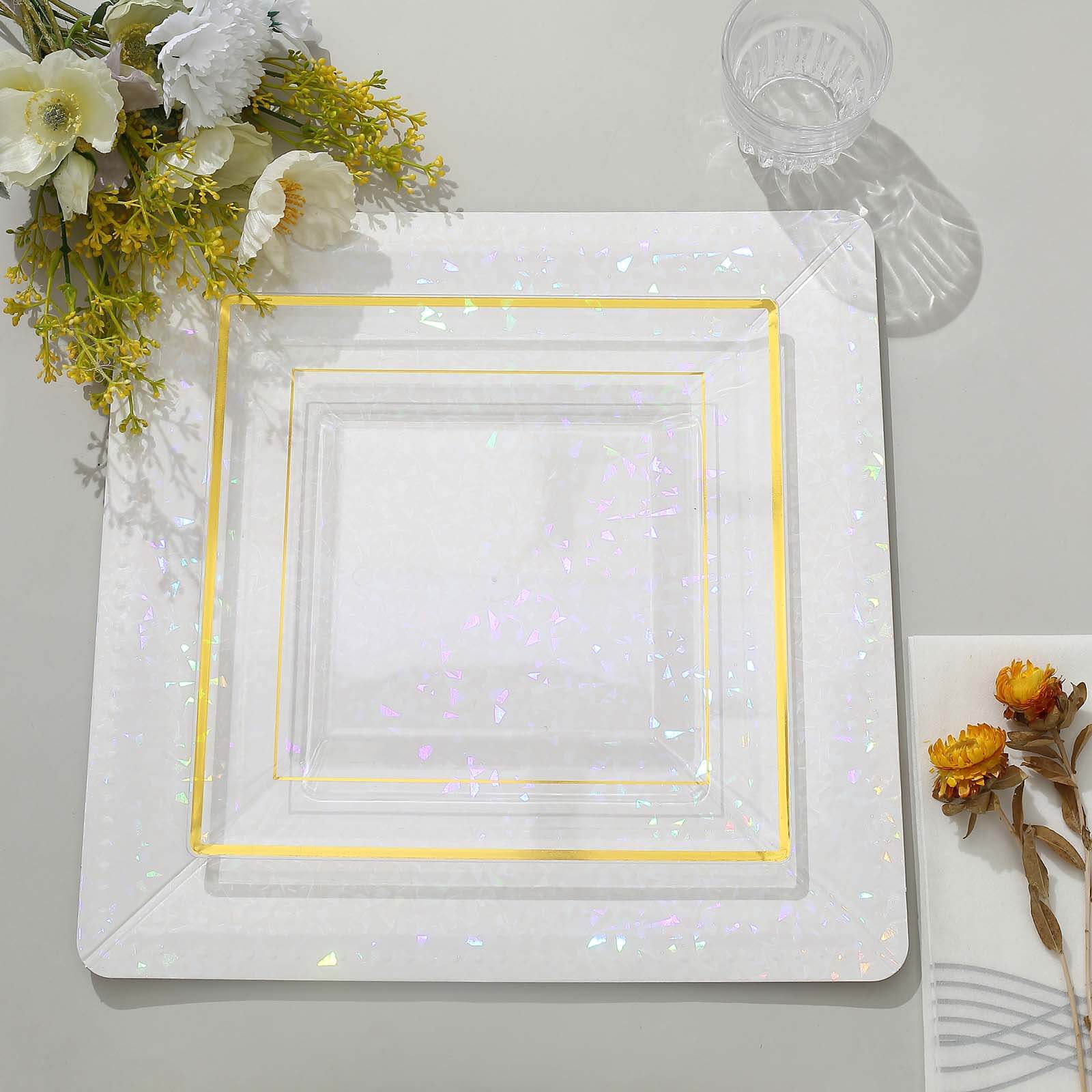 10 Pack 10" Gold Trim Clear Square Disposable Dinner Plates, Plastic Party Plates