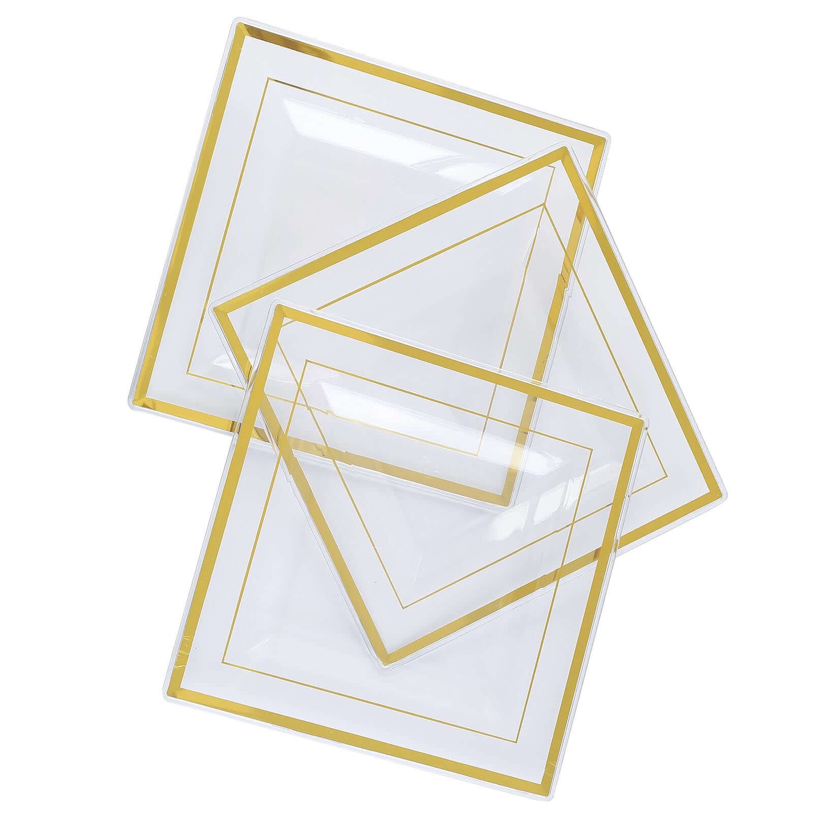 10-Pack Plastic Salad Dessert Plates Clear Square with Gold Trim - Durable Disposable Appetizer Plates 7"