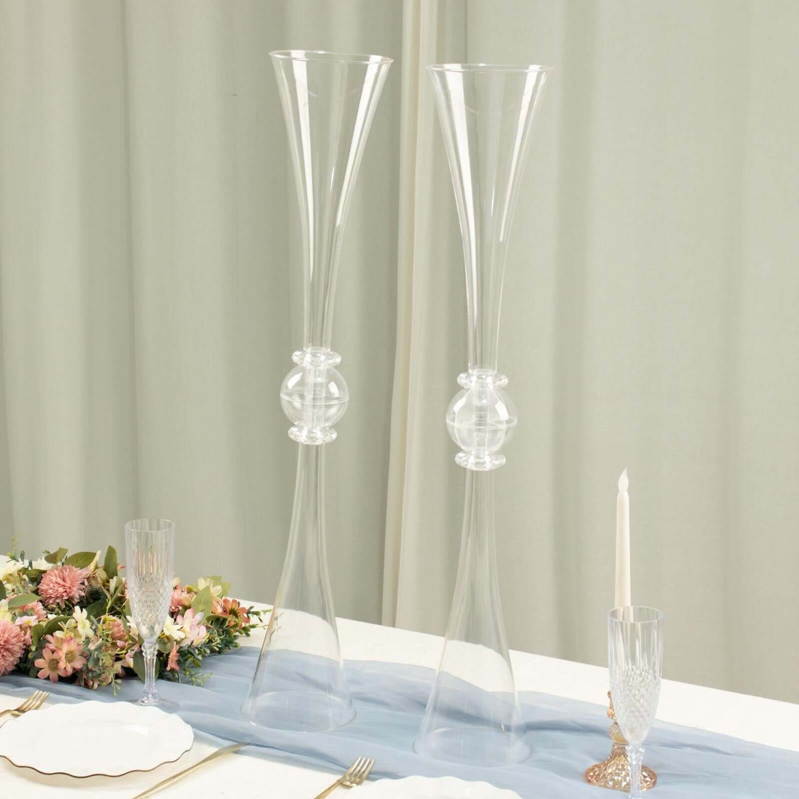 2 Pack 31" Clear Crystal Embellishment Trumpet Flower Vase, Reversible Plastic Table Centerpiece