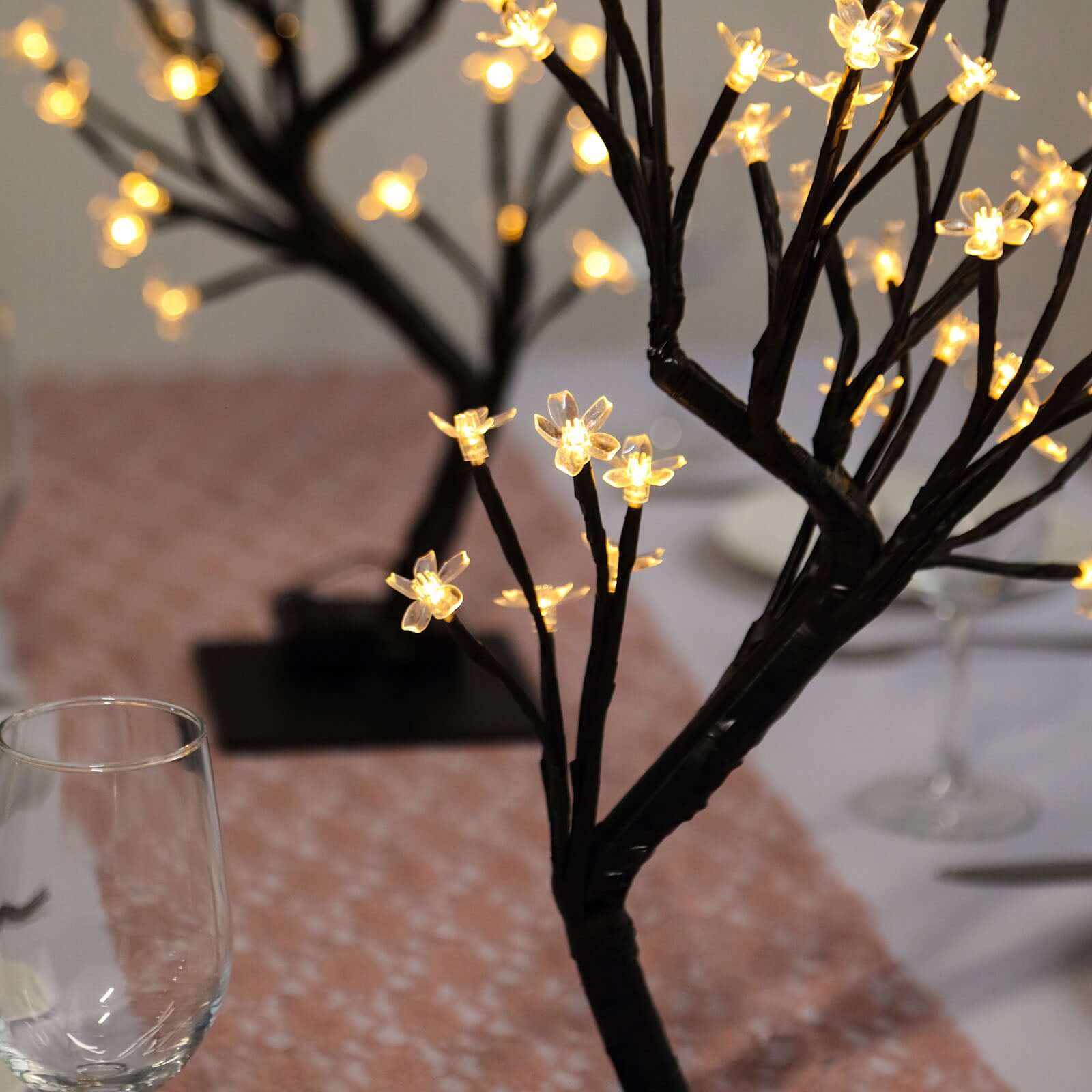 2-Pack Artificial Tree Centerpieces Cherry Blossom Design Black with 36 Warm White LEDs - Battery Operated Table Décor