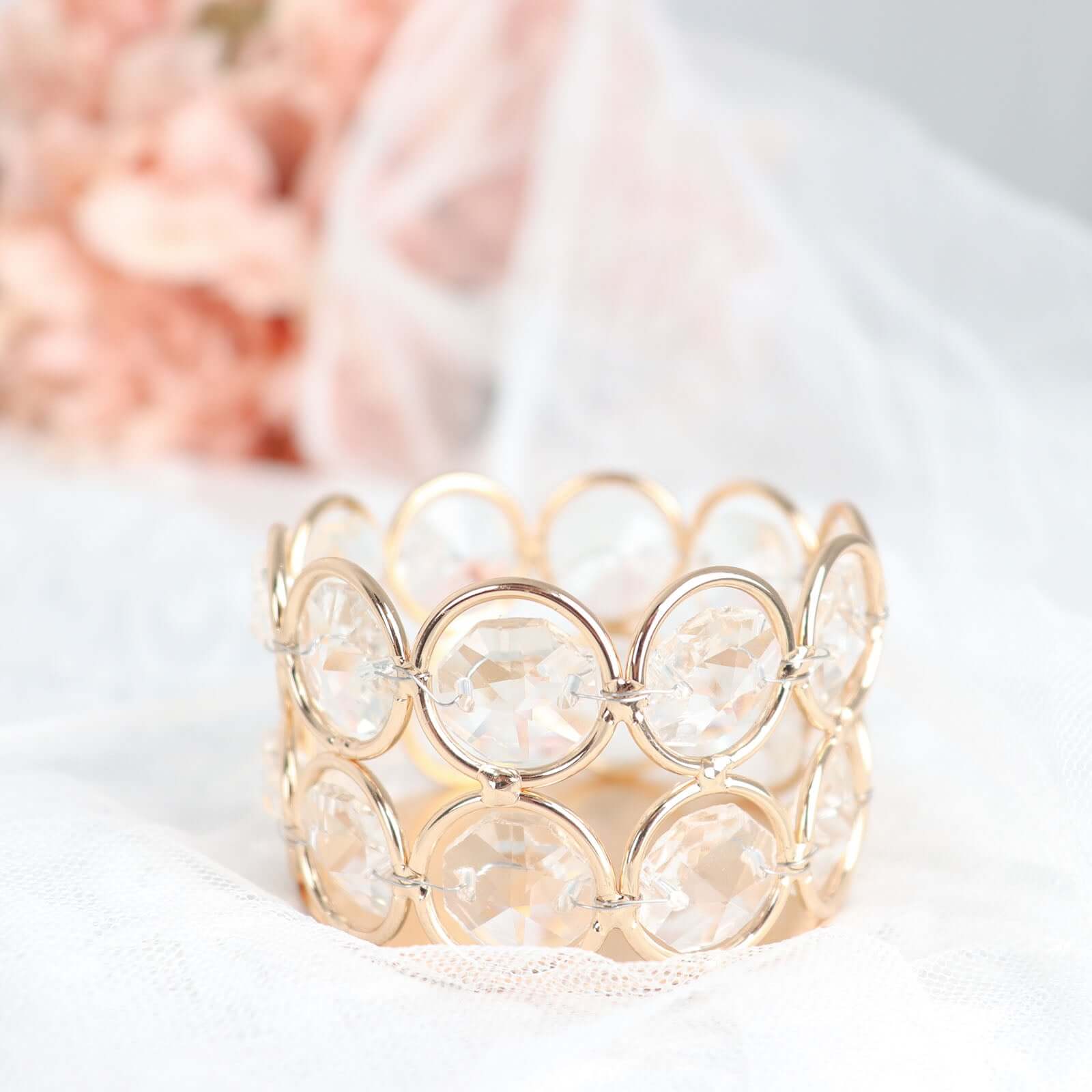 6-Pack Crystal Beaded Tea Light Candle Holders Gold Metal 1.5" - Stylish Votive Candle Stands for Weddings