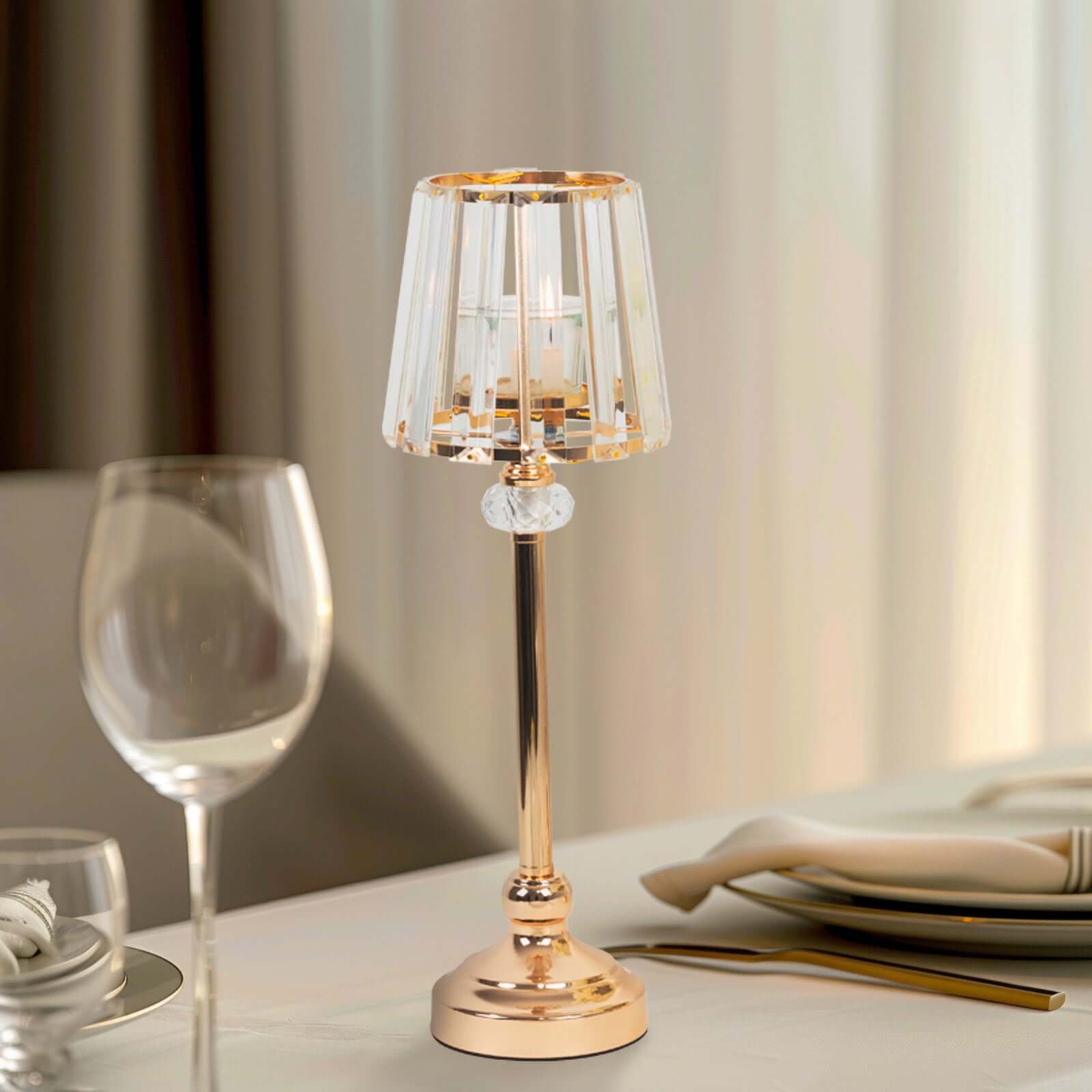 2-Pack 15" Crystal Pendant Candle Holders - Classic Empire Lamp Shade Style in Gold, Votive Candle Stand For Table Centerpieces