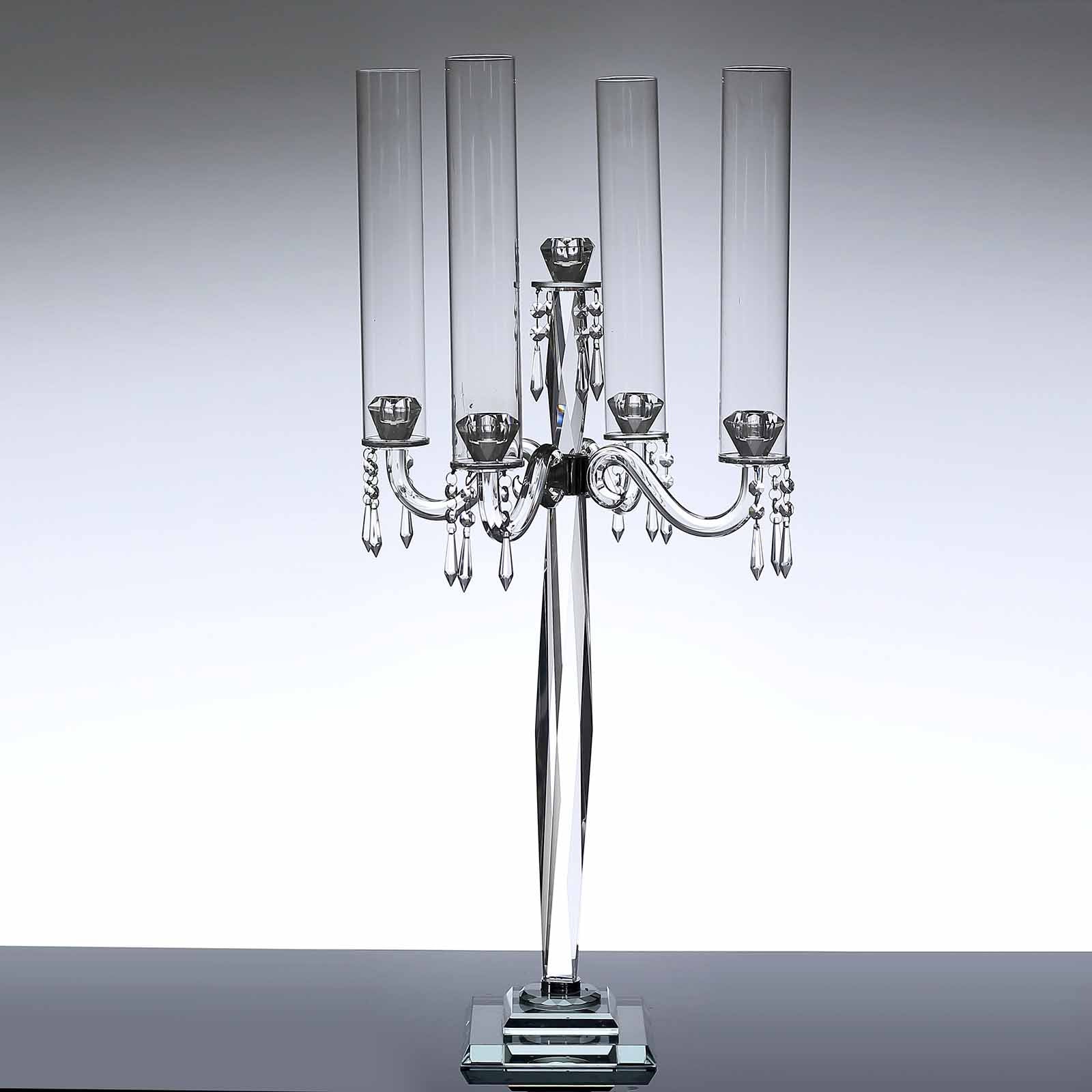 4 Arm Crystal Glass Taper Candle Holder Candelabra, Decorative Table Centerpiece With Chandelier Chains 36"