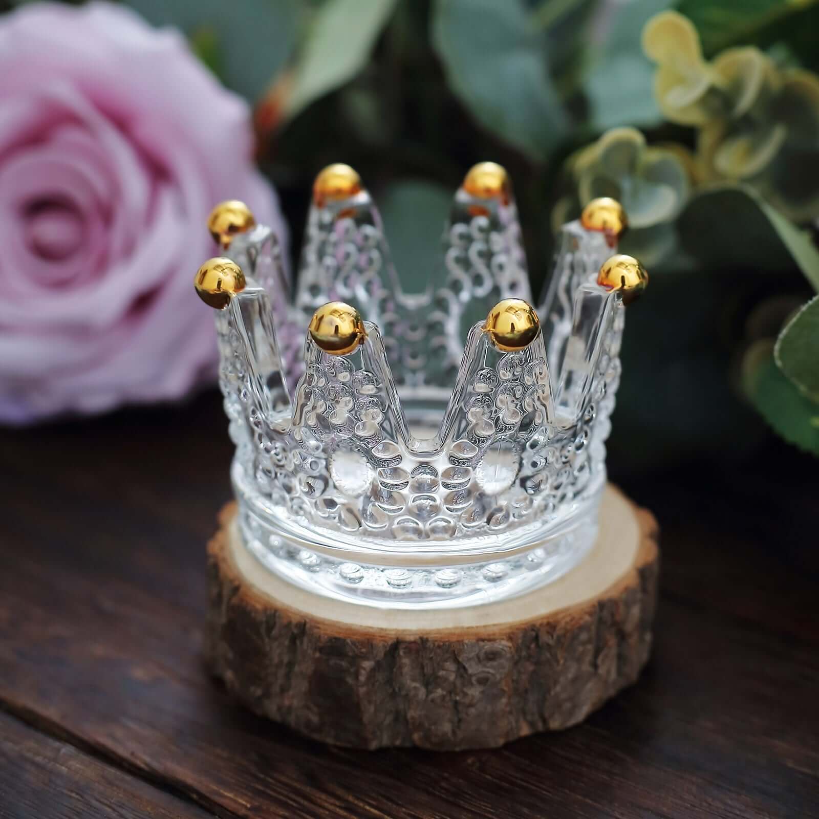 6-Pack Glass Crown Votive Candle Holders Clear Crystal Design with Gold Beaded Tips - Tea Light Holders 3"x2"