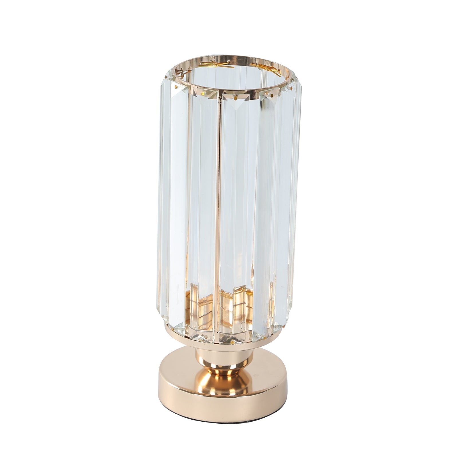 2 Pack 11" Crystal Pendant Hurricane Candle Holders in Gold, Elegant Cylinder Design for Pillar Candles, Short-Stemmed, Decorative Table Centerpieces